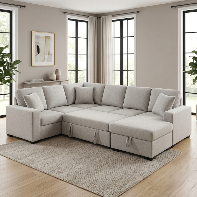 Hailey sectional with the pull-out sleeper bed extended in a bright modern living room