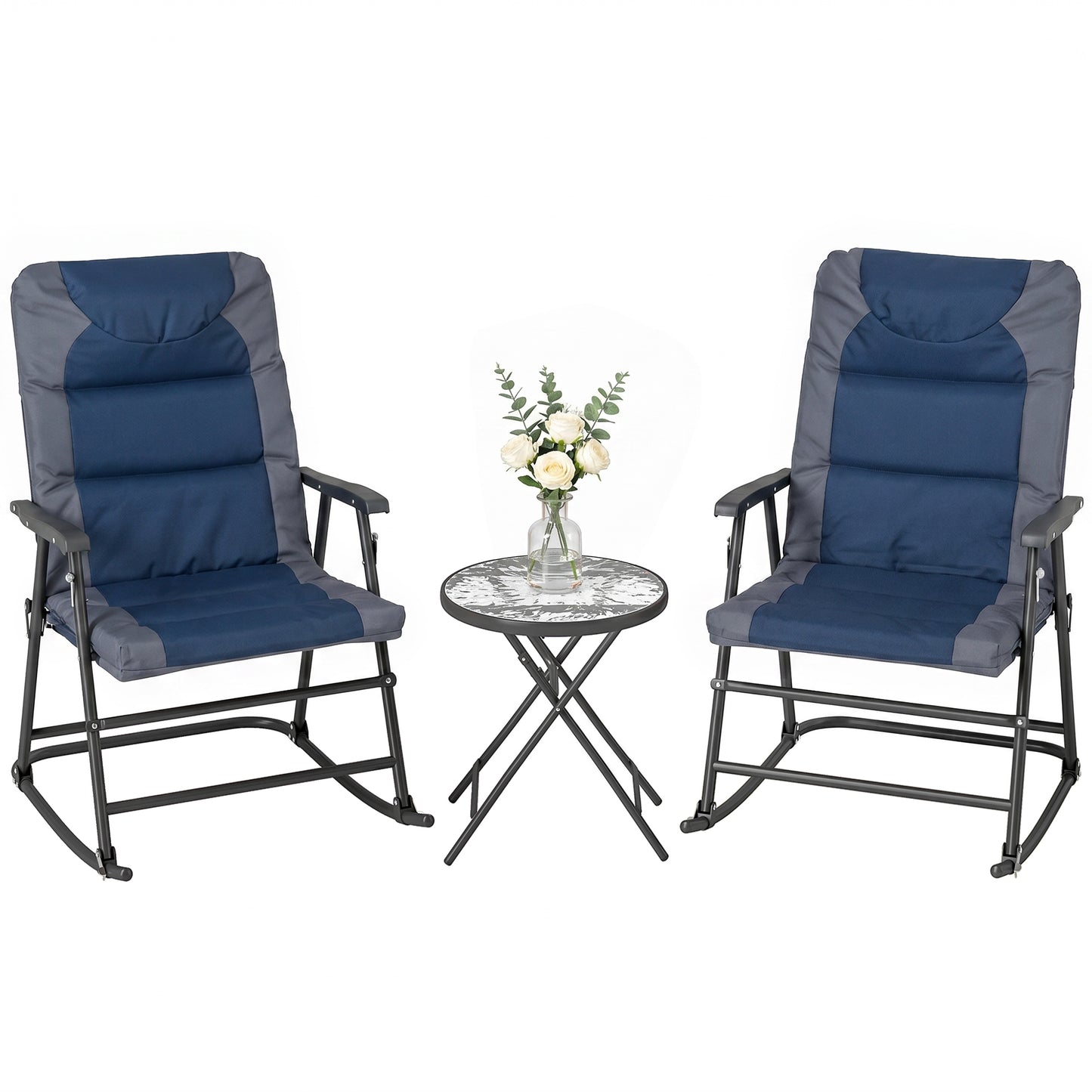 3pc Patio Foldable Rocking Chair Set, Outdoor Rocking Chairs and Table Bistro Set w/ Padded Seat, Headrest, Backrest for park, backyard, garden, Blue