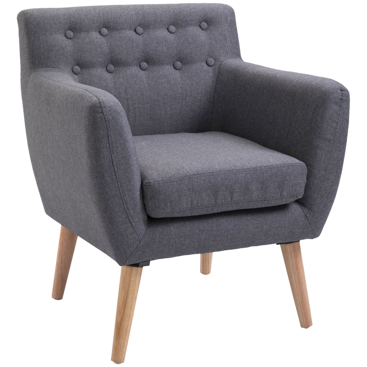 Linen Upholstery Armchair, Mid-Century Modern Accent Chair with Wood Frame and Thick Padding, Light Grey