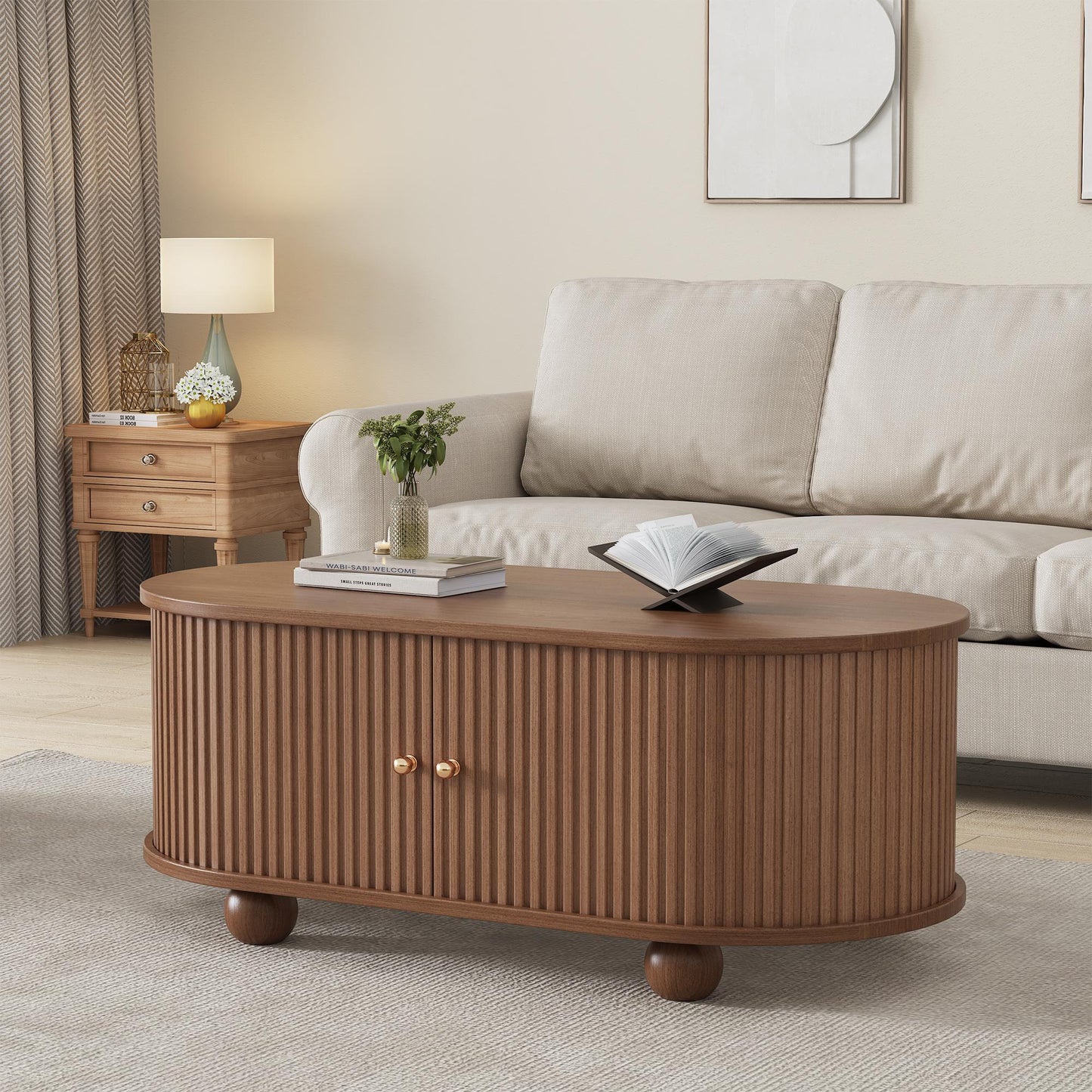 Wood Oval Coffee Table with Space-Saving Design, Stylish Center Table with Hidden Compartment, 39.5" L x 19.5" W x 15.5" H, Wood