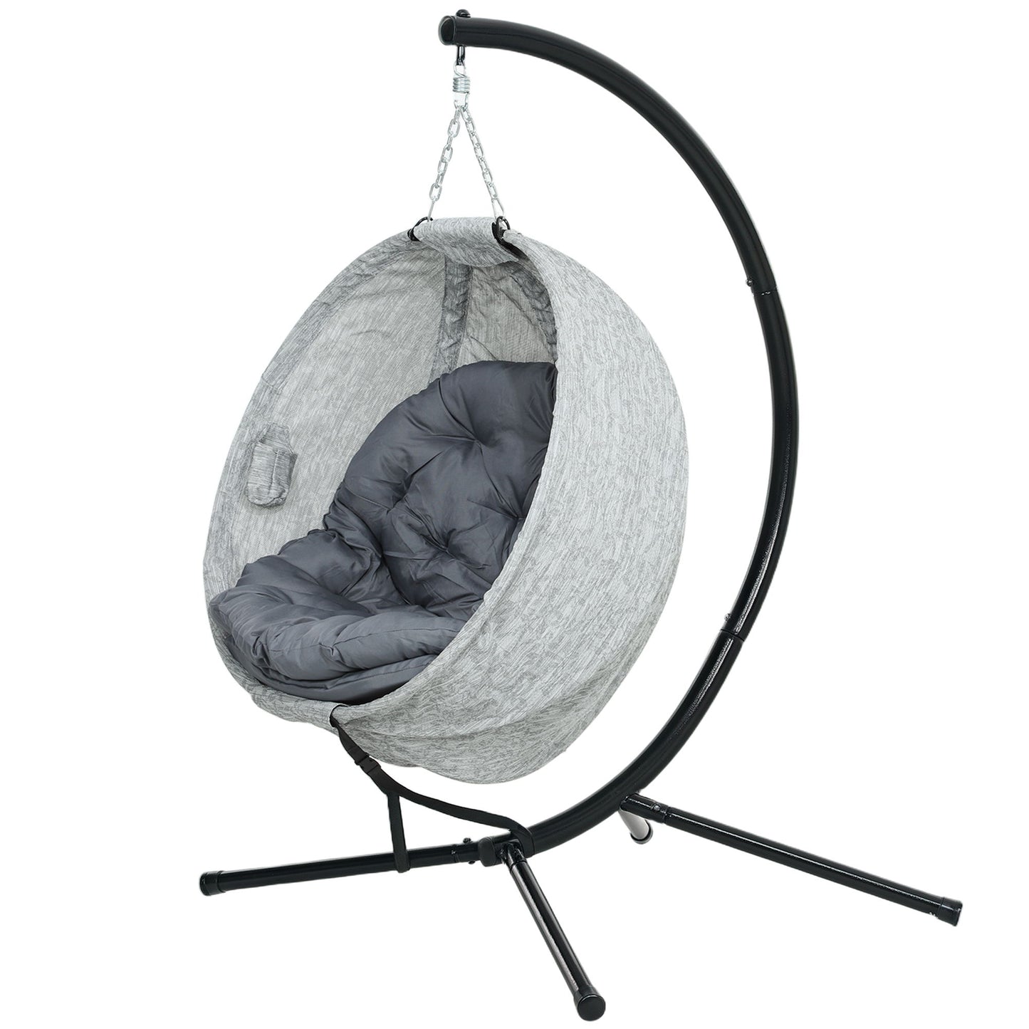Egg Chair with Folding Basket, Outdoor Indoor Hanging Swing Chair with Stand, Cushions for Patio, Balcony, Grey