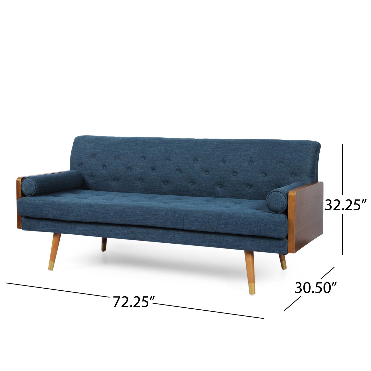 Mid-Century Modern Tufted Fabric Sofa with Rolled Accent Pillows, Daybed with Gold Tipped Rubberwood Legs, 72'' L x 30.5'' W x 32'' H, Navy Blue