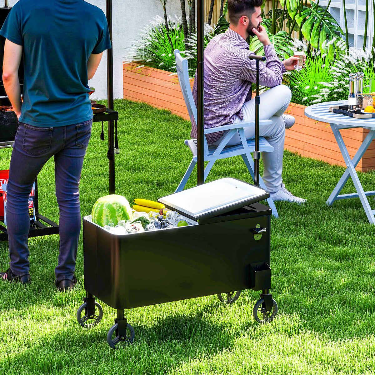80-Qt Outdoor Patio Cooler Cart, Rolling Ice Chest with Adjustable Handle, Wheels, Bottle Opener, Drainage, Outdoor Beverage Cooler Bar Cart for Party BBQ Camping, Black