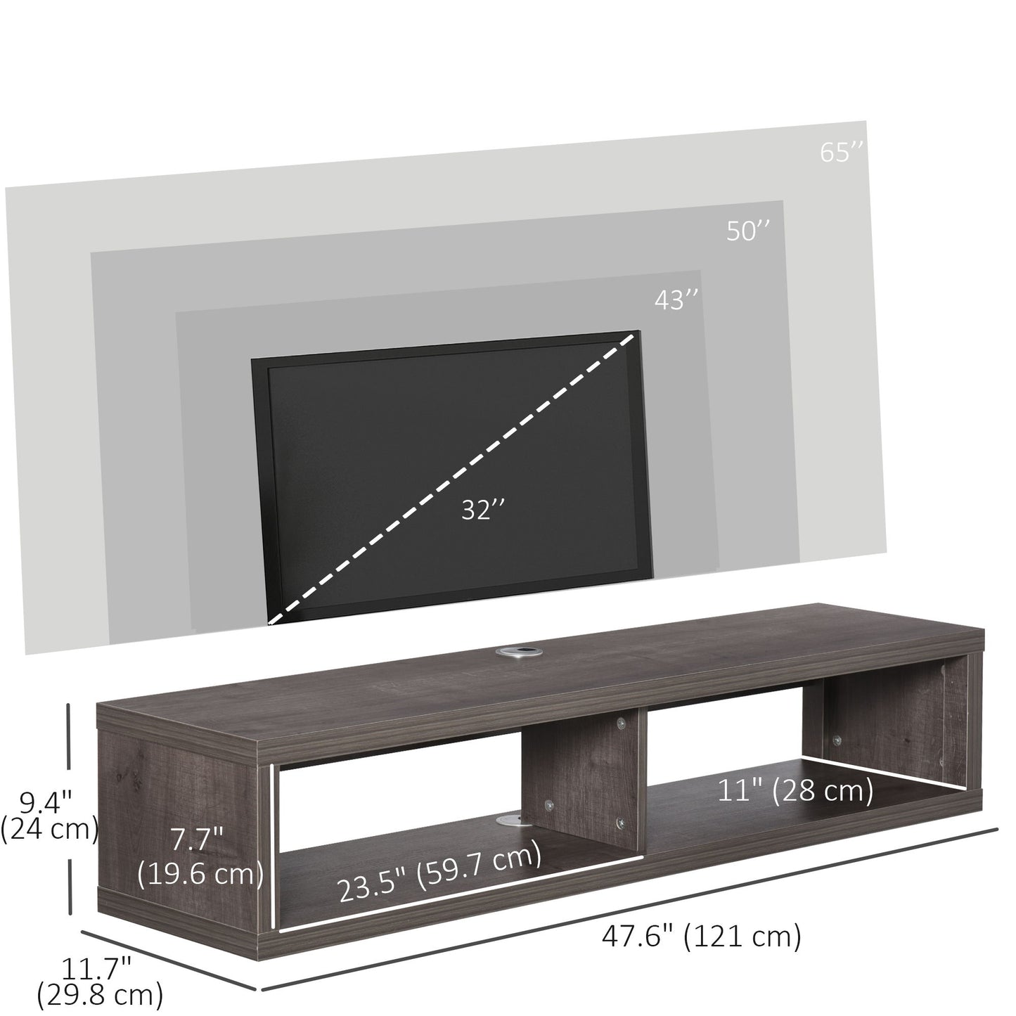 Floating TV Stand Shelf for 50" TVs, Wall Mounted Entertainment Center for Living Room, Bedroom, Media Console with Storage Shelf for Audio, Video, Dark Grey Wood Grain