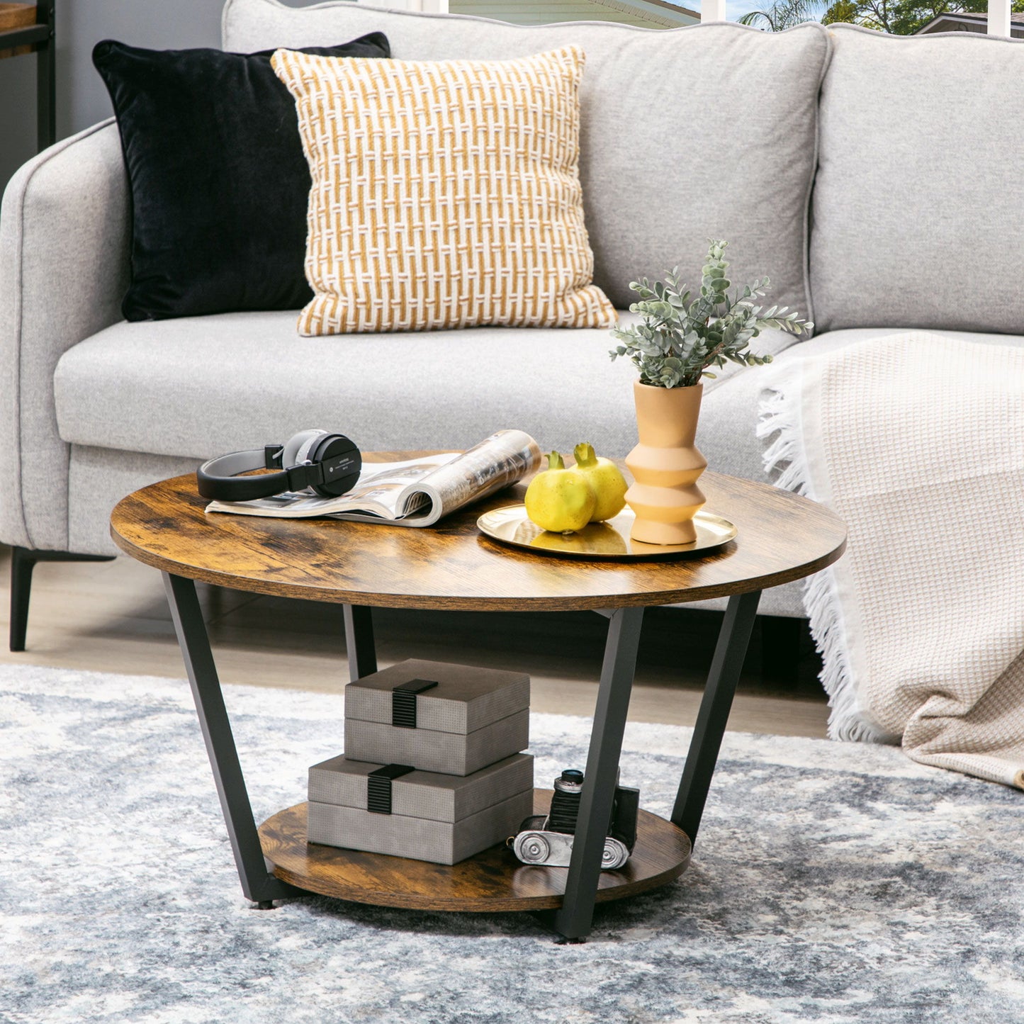 2-Tier Round Coffee Table with Storage Shelf, Industrial Center Table with Steel Frame for Living Room, Rustic Brown