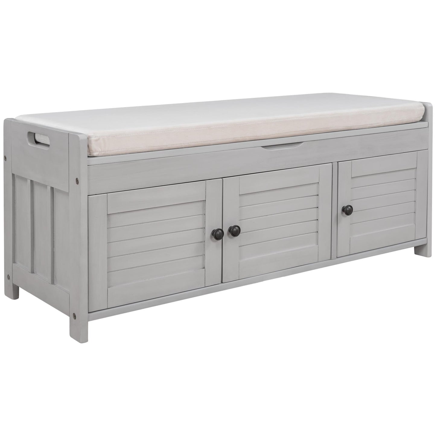 Rustic Storage Bench with Removable Linen-Blend Cushion, Functional Entryway Bench for Living Room, 43.5" L x 16" W x 18" H, Gray Wash