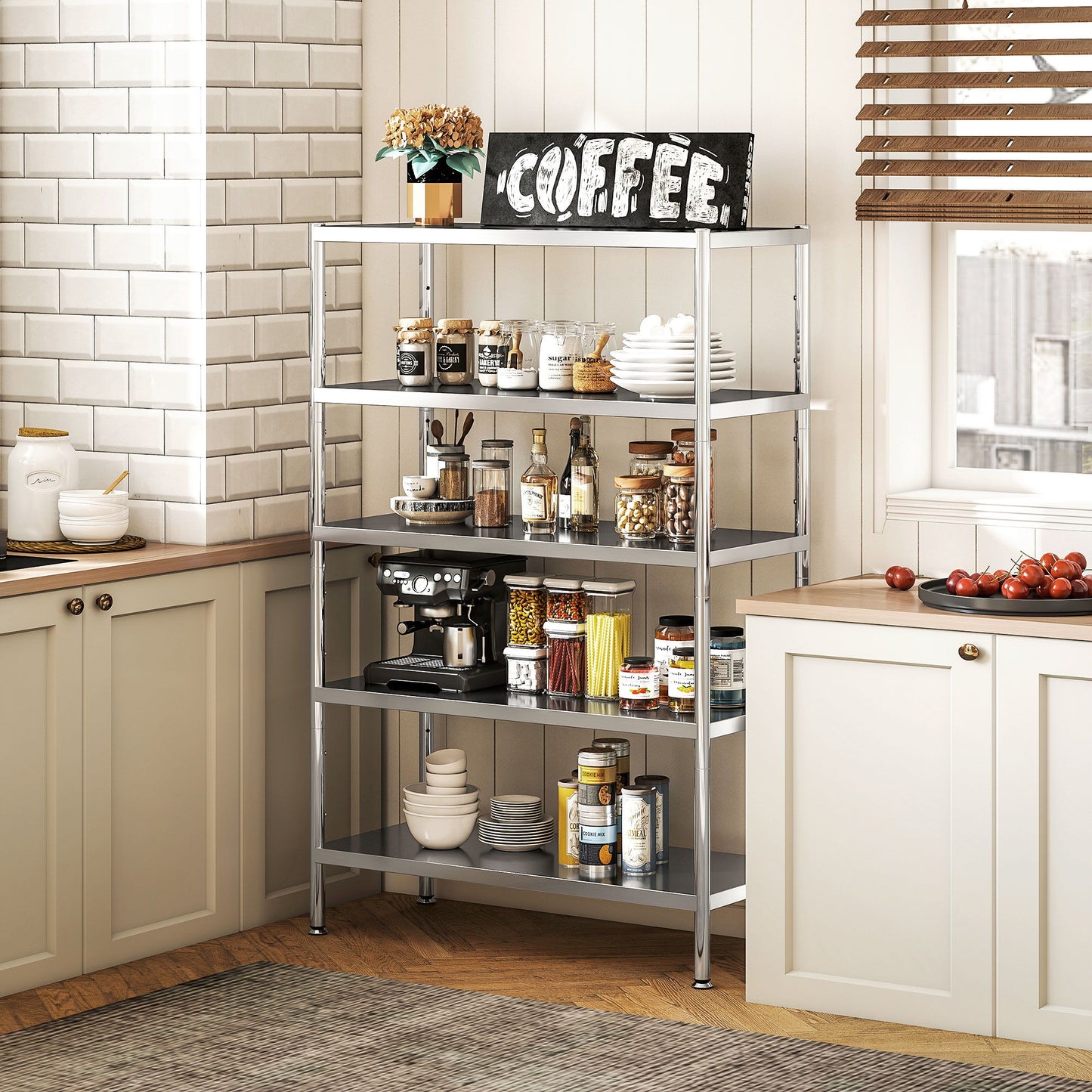 Bakers Rack, 5-Tier Stainless Steel Kitchen Storage Shelf with Adjustable Heights for Spices, Pots and Pans, Silver