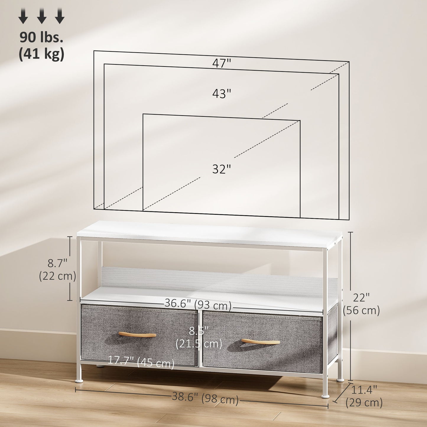 TV Stand with Charging Station, TV Table with 2 Foldable Linen Drawers and Open Shelf for 47 Inch Television, White