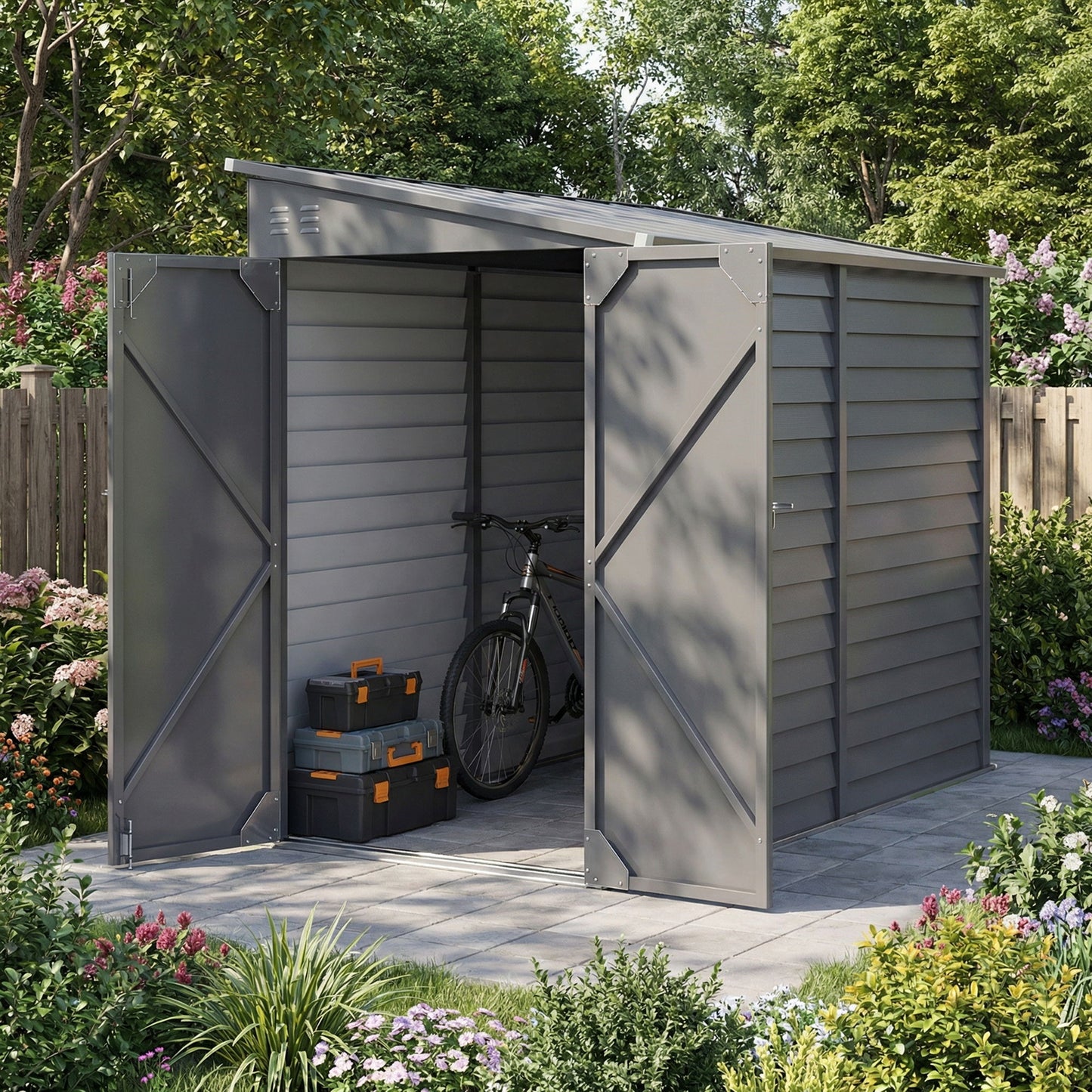 4.6' x 9' Steel Outdoor Storage Shed, Lean to Shed, Metal Tool House with Foundation Kit, Lockable Doors, Gloves and 2 Air Vents for Backyard, Patio, Lawn, Grey