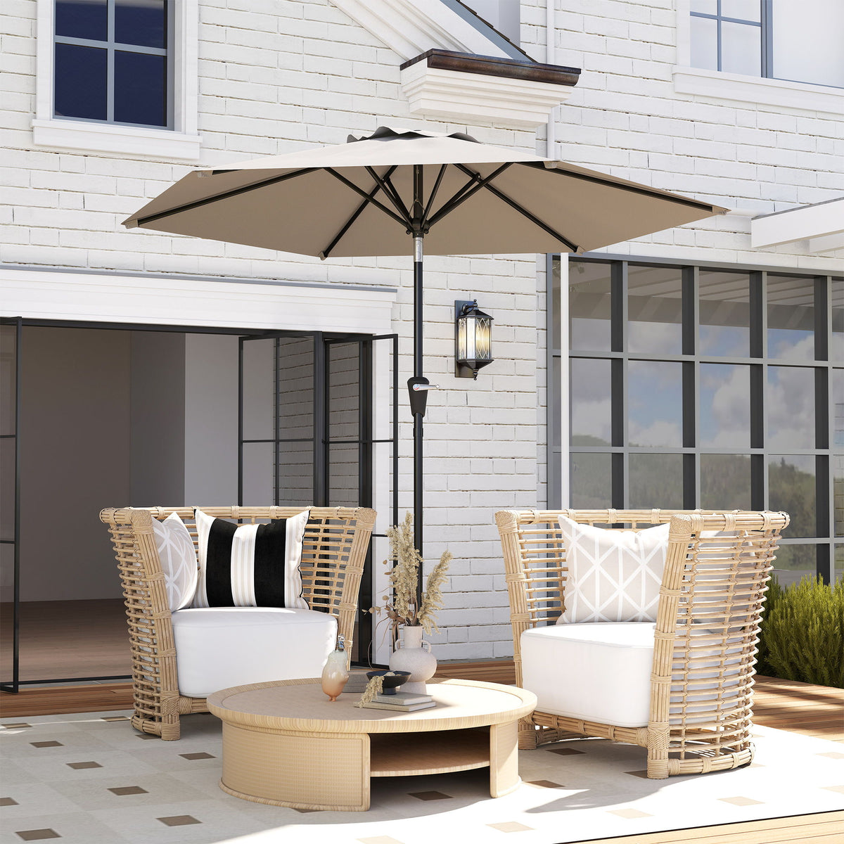 Patio Sun Umbrella, Outdoor Parasol with 6 Ribs, Khaki