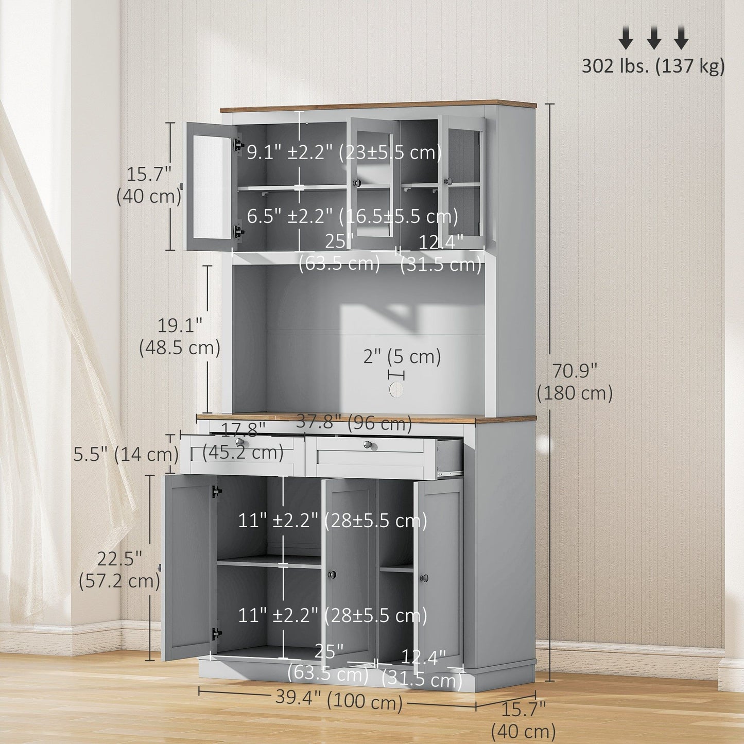 71" Pantry Cabinet with Hutch & Glass Doors - Grey