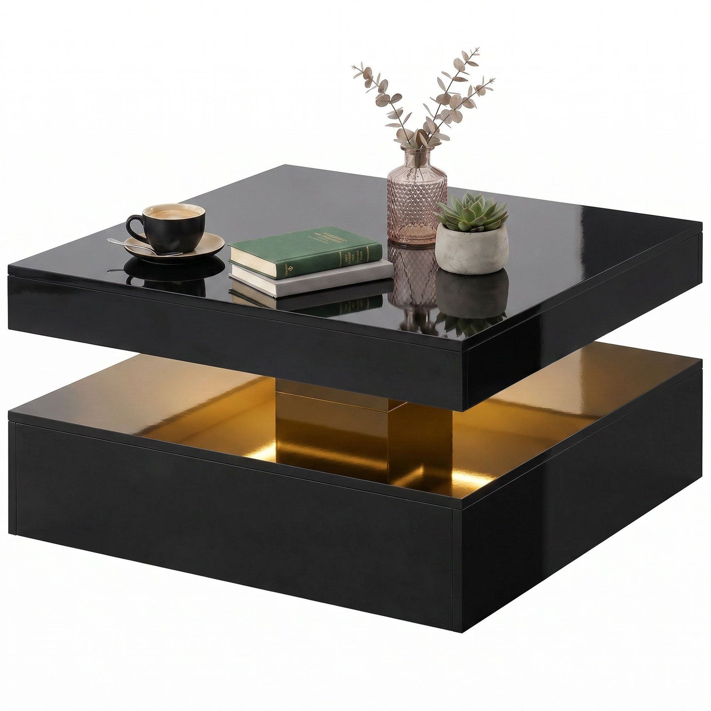 2-Tier LED Coffee Table with Open Shelf and Remote - Gloss Black
