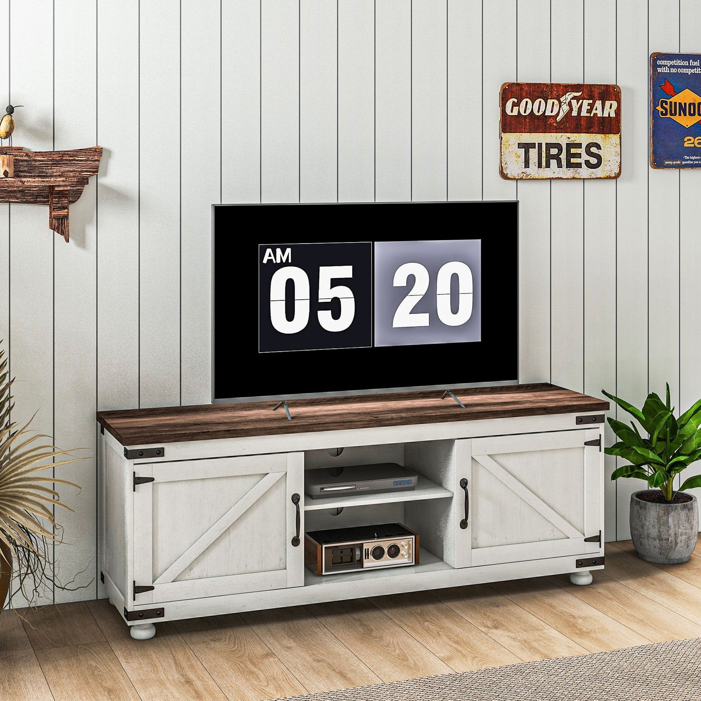 Farmhouse TV Stand with Barn Doors for 65" TV - Distressed White