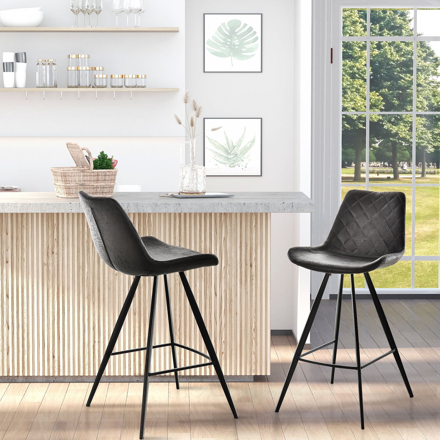 Set of 2 Microfiber Cloth Bar Stools, Multi-functional Kitchen Stools, Bar Chair with Metal Leg Padded Cushion Seat for Dining, Black