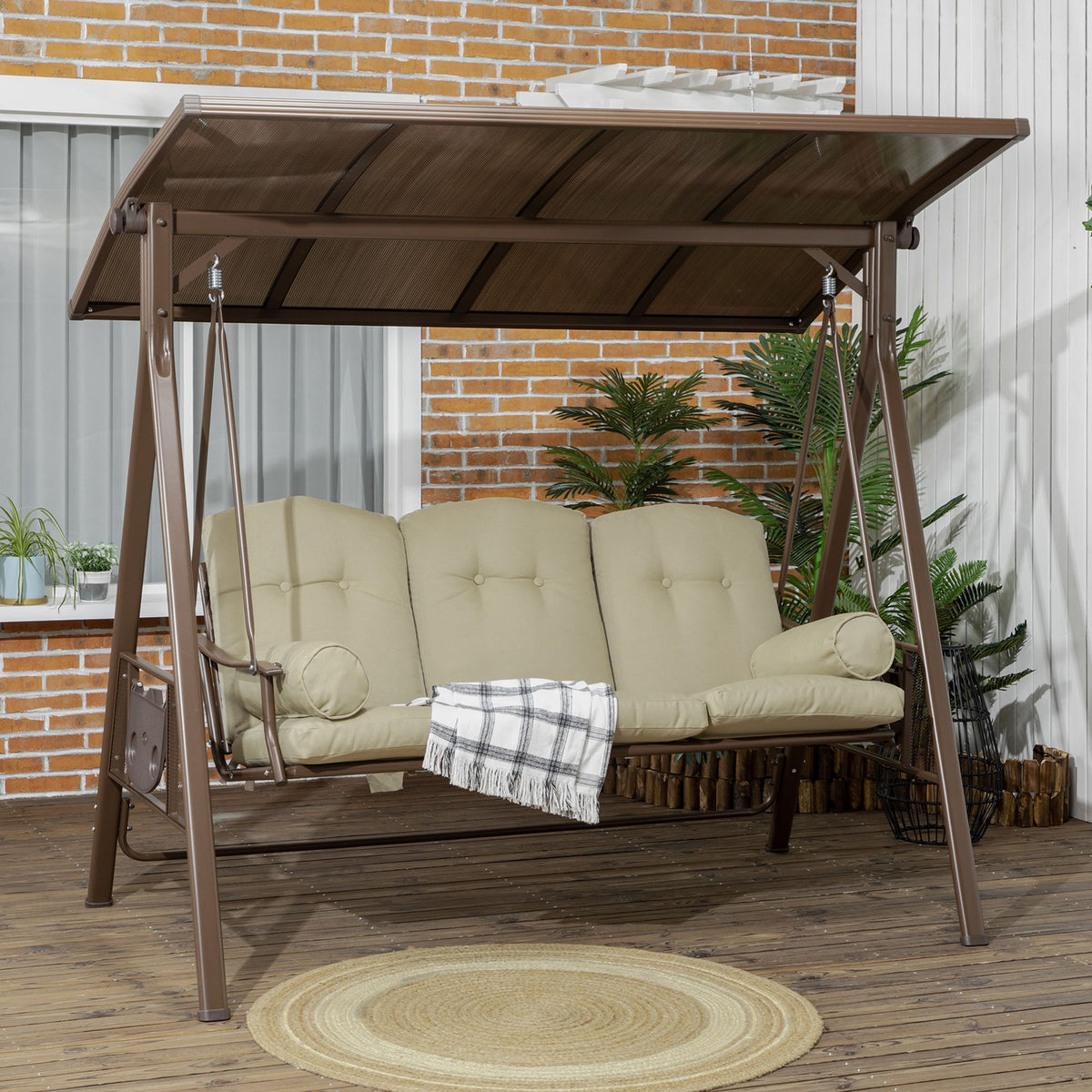 3-Seat Patio Swing Chair, Outdoor Canopy Swing Glider with Cushion, Pillows and Adjustable Polycarbonate Canopy for Porch, Garden, Poolside, Backyard, Khaki