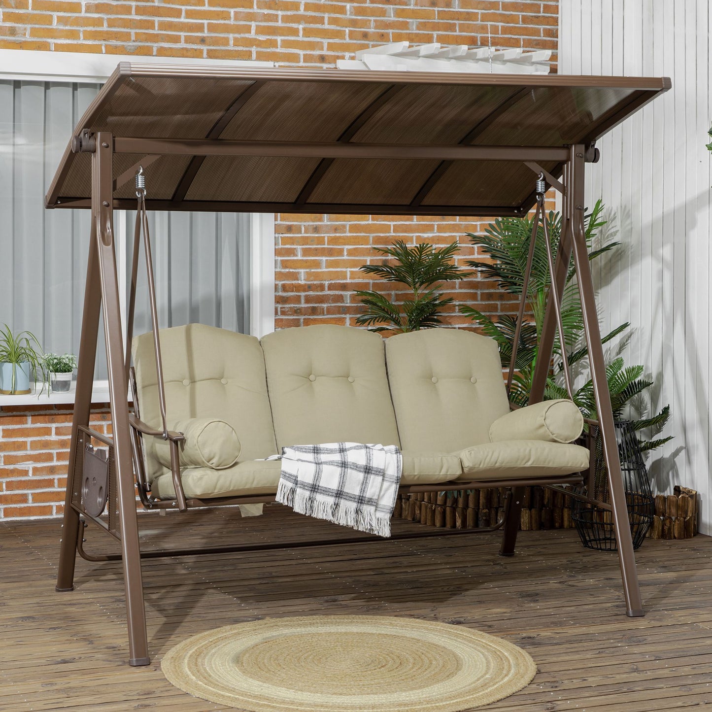 3-Seat Patio Swing Chair, Outdoor Canopy Swing Glider with Cushion, Pillows and Adjustable Polycarbonate Canopy for Porch, Garden, Poolside, Backyard, Khaki