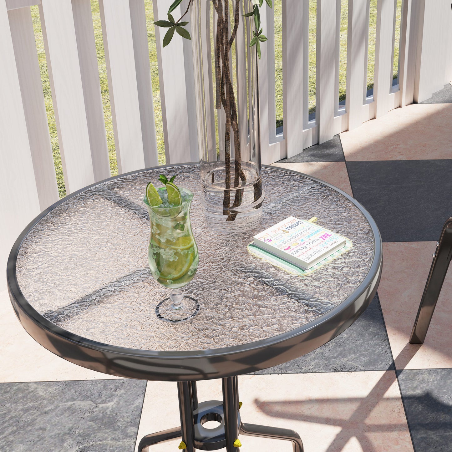 3 Pieces Bistro Set, Small Patio Furniture Set with Stackable Mesh Chairs, Glass Table for Garden, Balcony, Beige