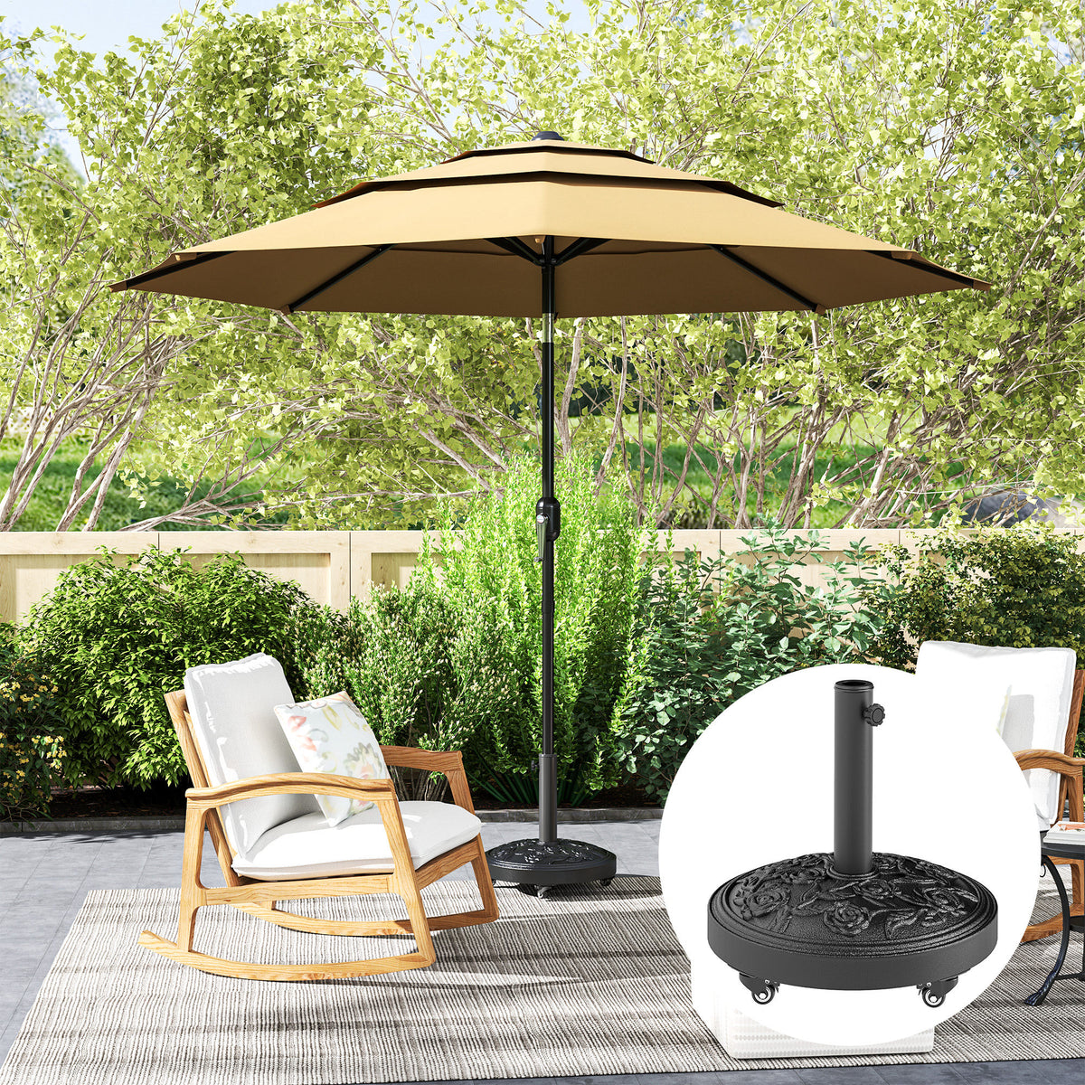 Black Resin Round Umbrella Base, 46 lbs with Wheels