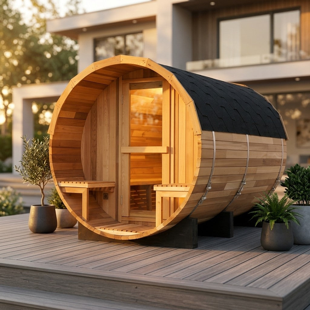 Nordic Porch Barrel Sauna — 4 to 6 Person Outdoor Sauna