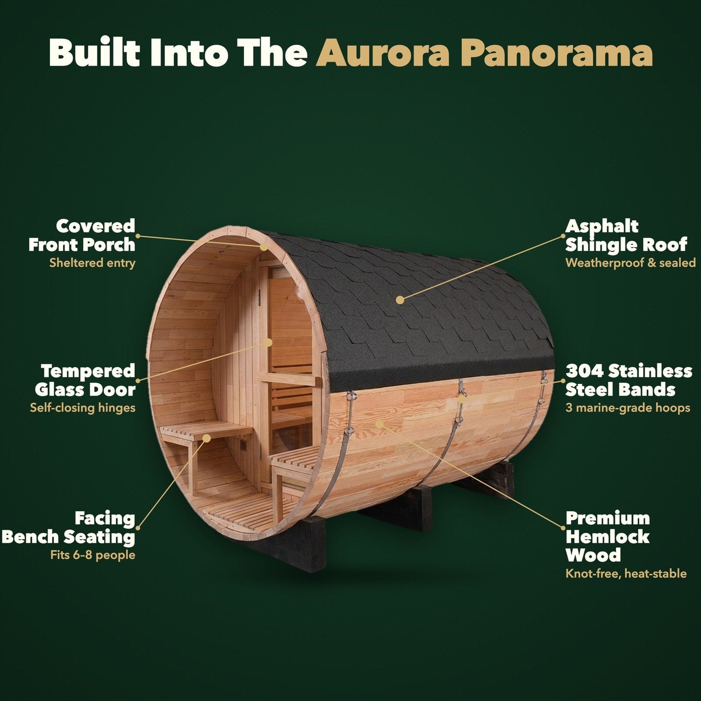 Aurora Panorama Barrel Sauna — 6 to 8 Person Outdoor Sauna