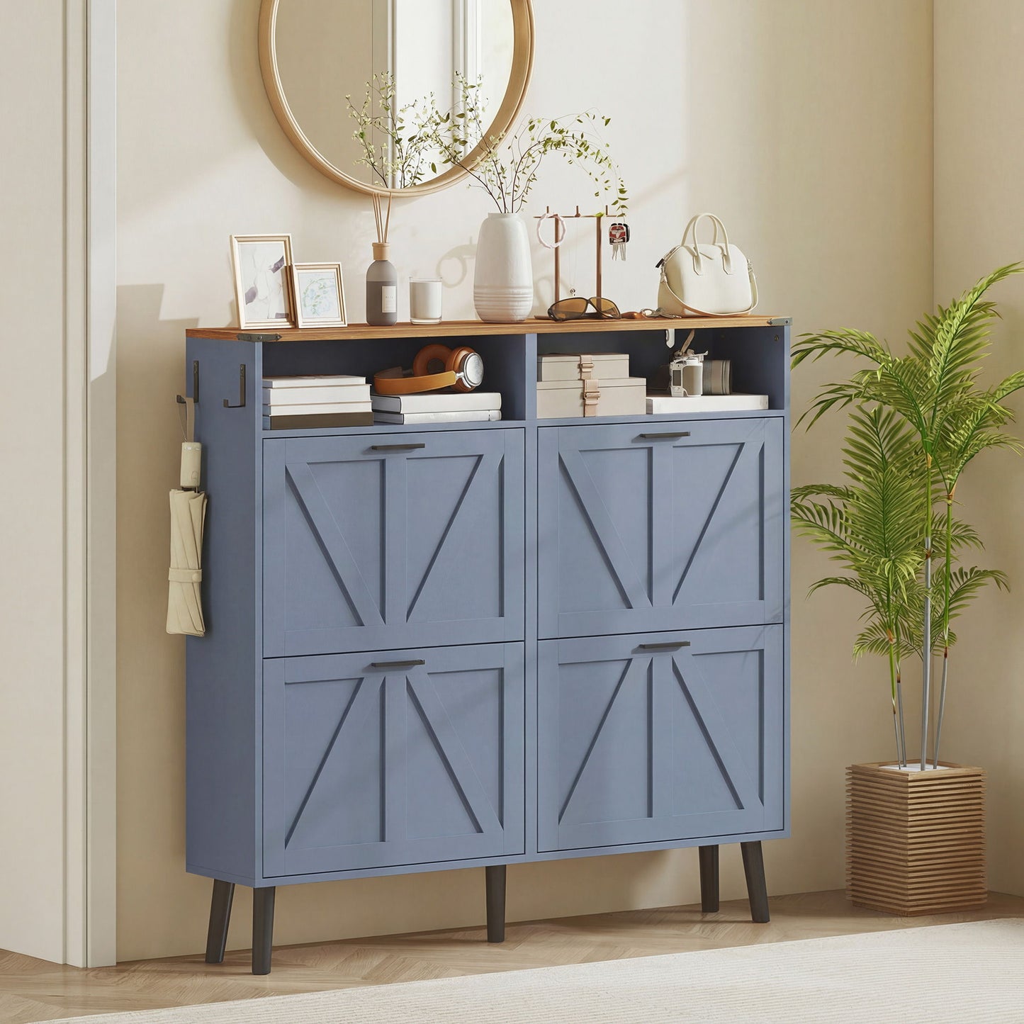 Shoe Storage Cabinet with 4 Flip Drawers, Farmhouse Narrow Shoe Cabinet, Holds Up to 24 Pairs, Blue