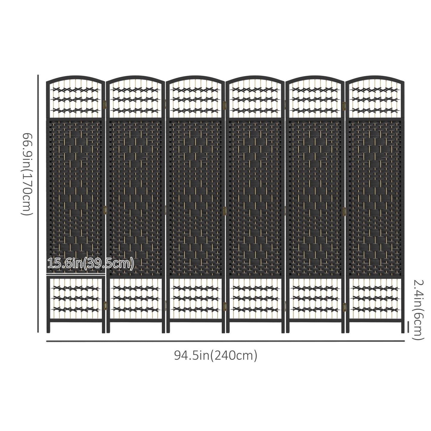 6 Panel Folding Room Divider, Portable Privacy Screen, Wave Fiber Room Partition for Home Office, Black