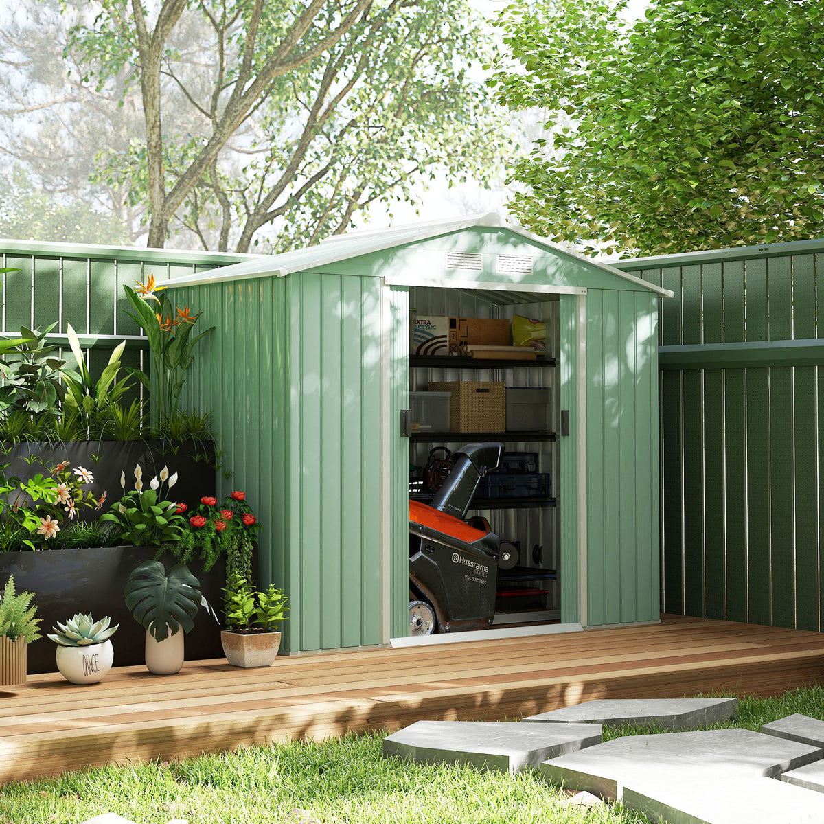 7' x 4' x 6' Garden Storage Shed Outdoor Patio Metal Tool Storage House w/ Foundation Kit and Double Doors Light Green