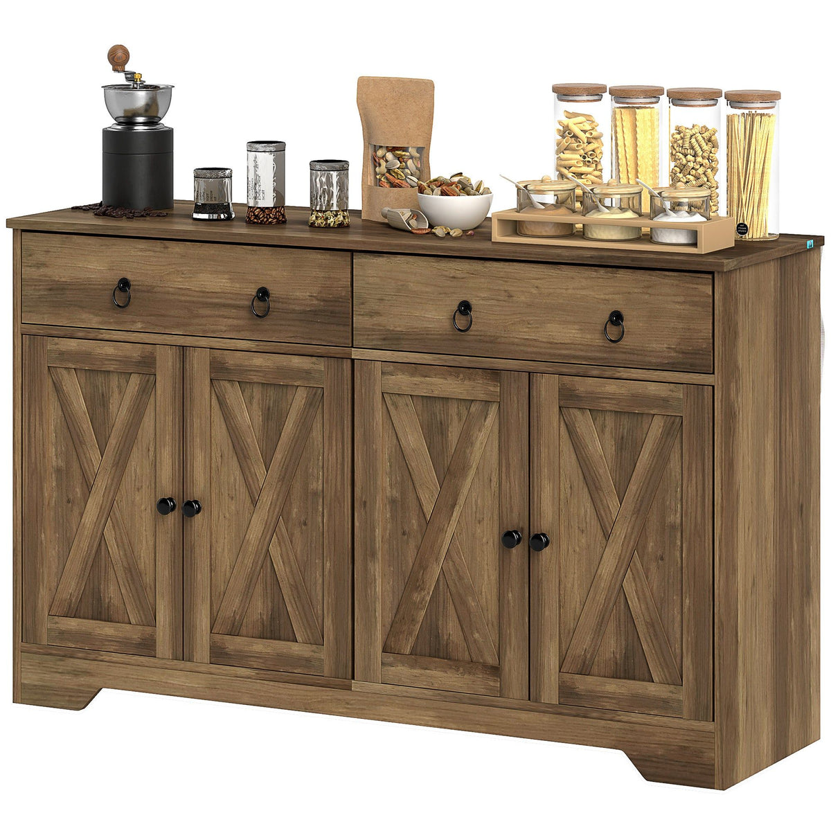 Sideboard Cabinet with 2 Drawers & 4 Barn Doors - Light Brown