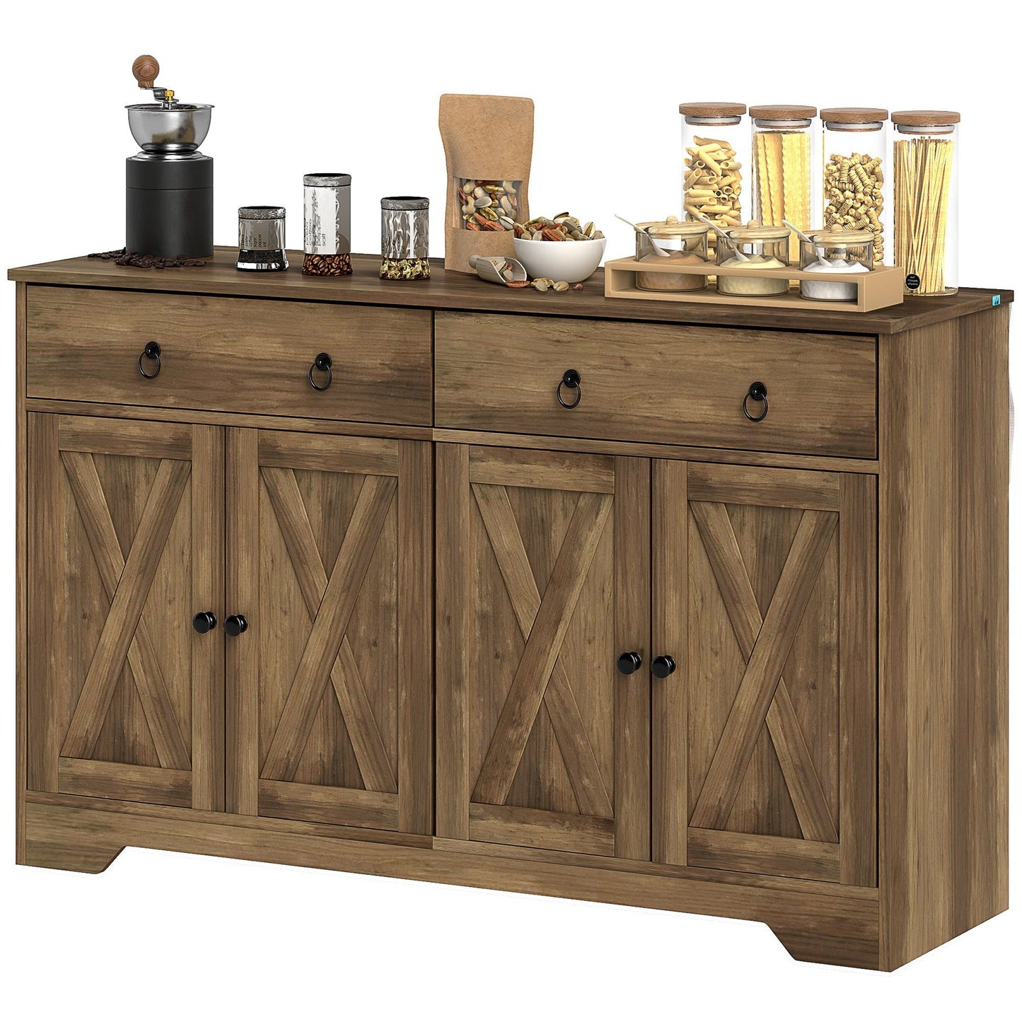 Sideboard Cabinet with 2 Drawers & 4 Barn Doors - Light Brown