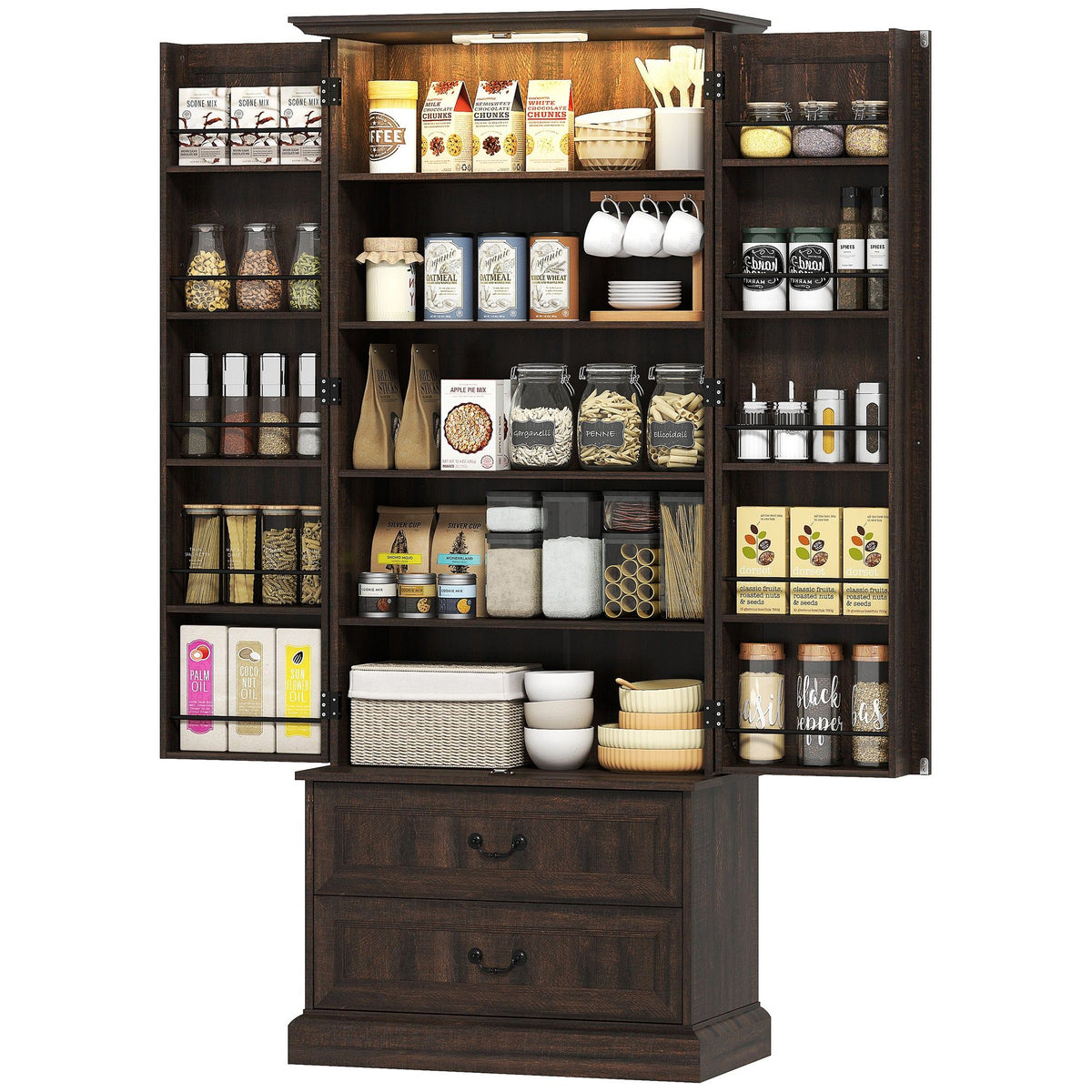 72" LED Pantry Cabinet with 2 Drawers - Brown