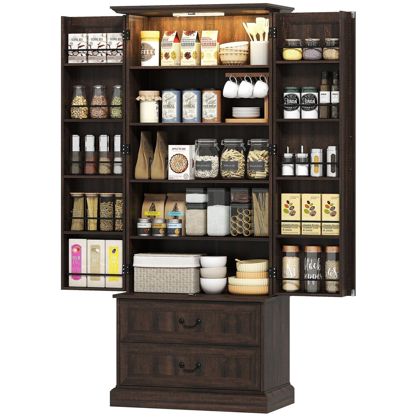 72" LED Pantry Cabinet with 2 Drawers - Brown
