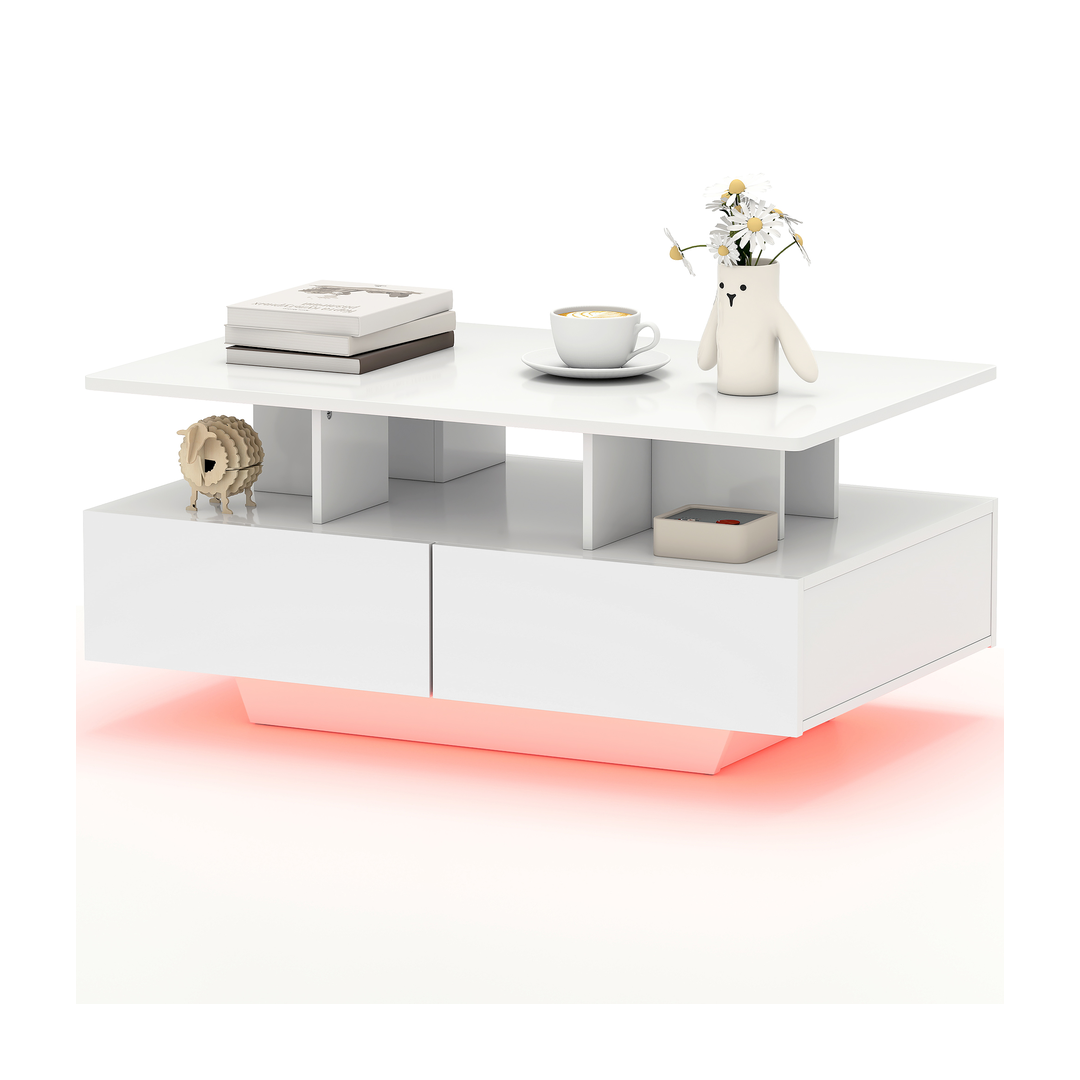RGB LED Coffee Table with 4 Drawers - High Gloss White