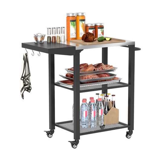 Outdoor Grill Cart w/ Foldable Side Table, 3-Tier Pizza Oven Stand w/ Stainless Steel Tabletop, Hooks, Wheels