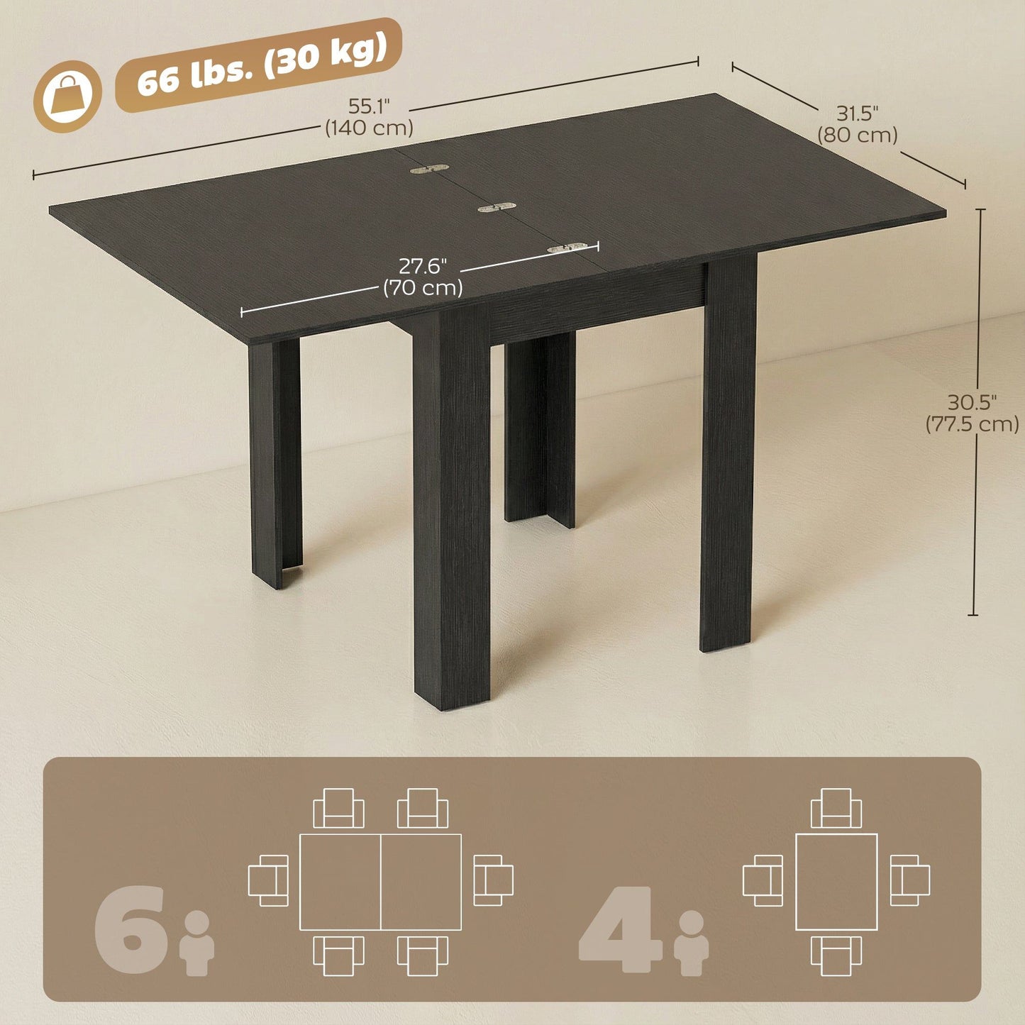 55" Extendable Dining Table for 4-6 - Black