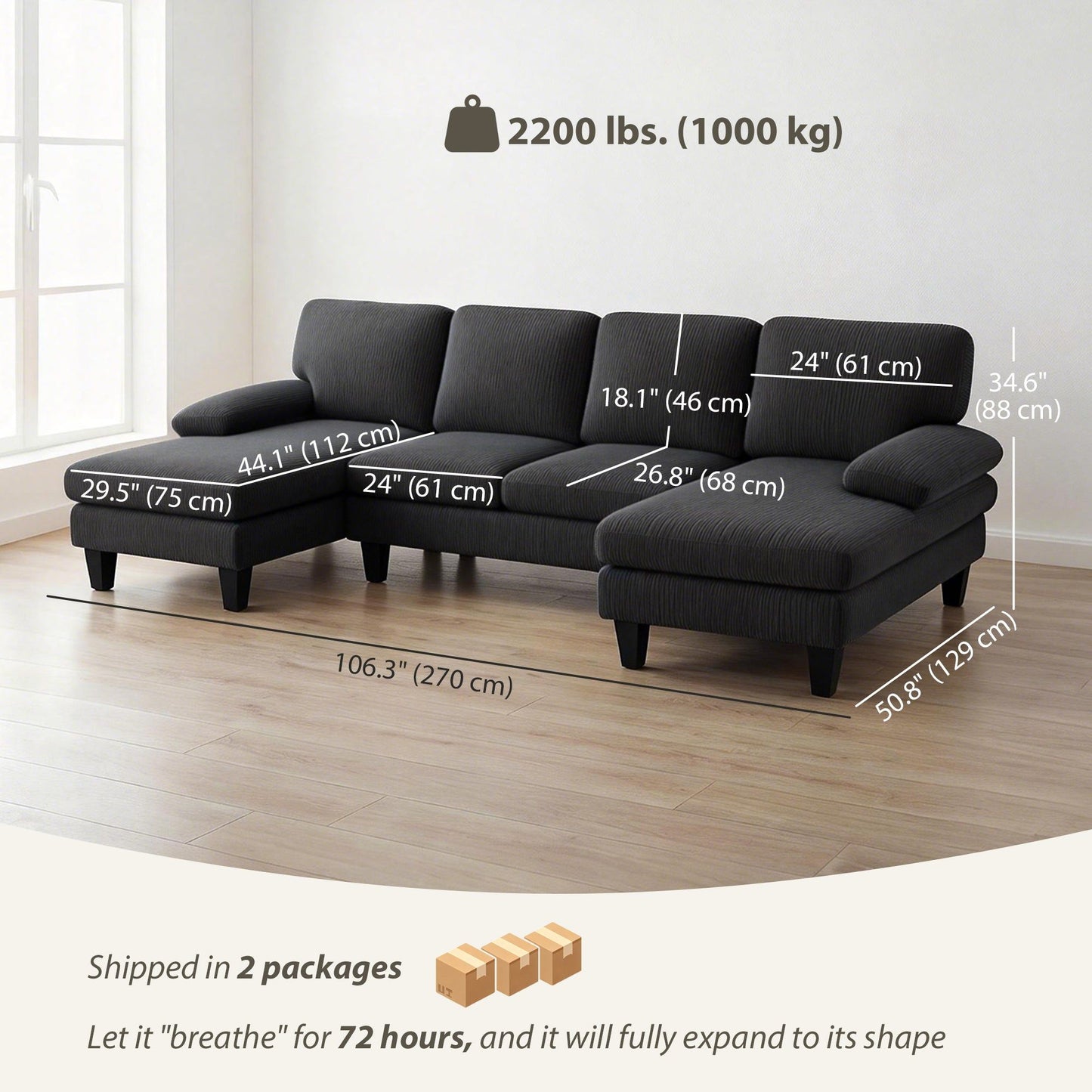 U-Shaped Sectional Sofa with Double Chaise - Dark Grey