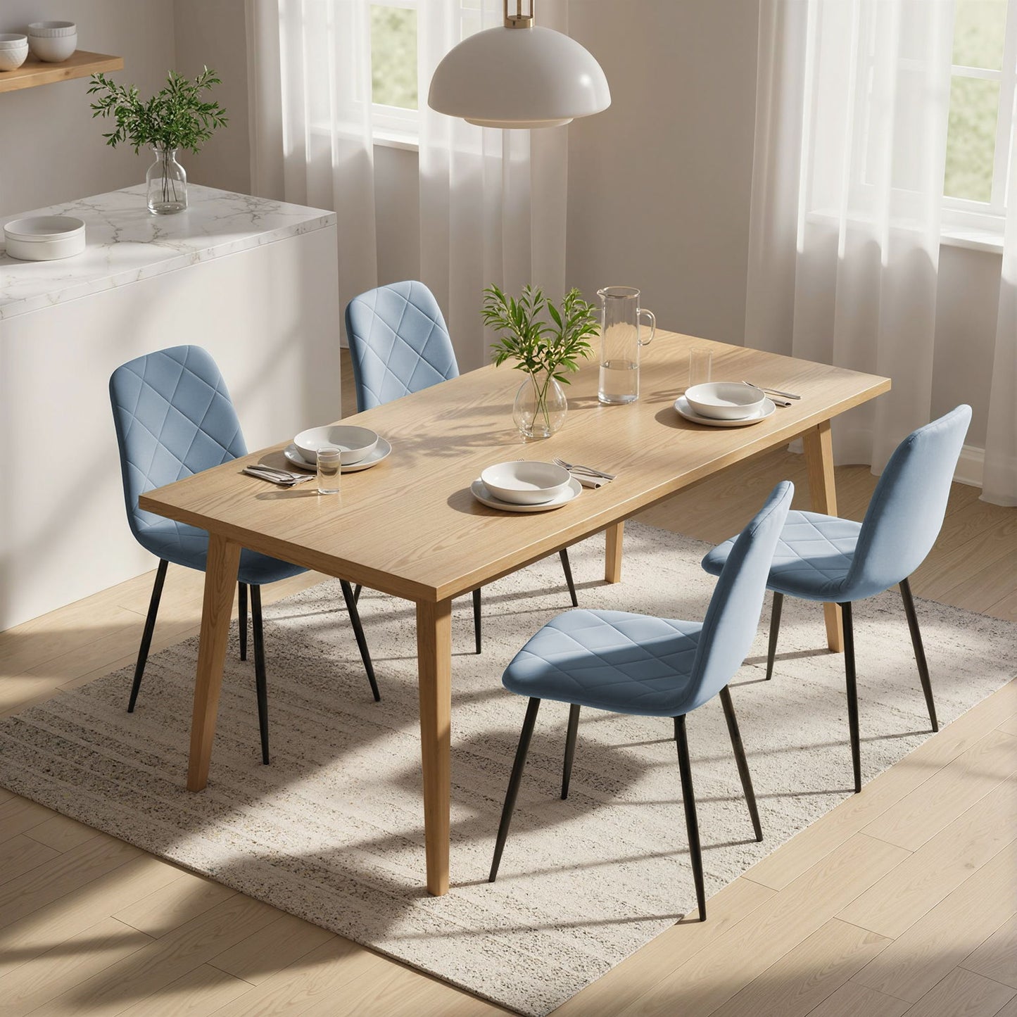 Dining Chairs Set of 4, Upholstered Dining Room Chairs with Steel Legs, Modern Kitchen Chair for Dining Room, Light Blue