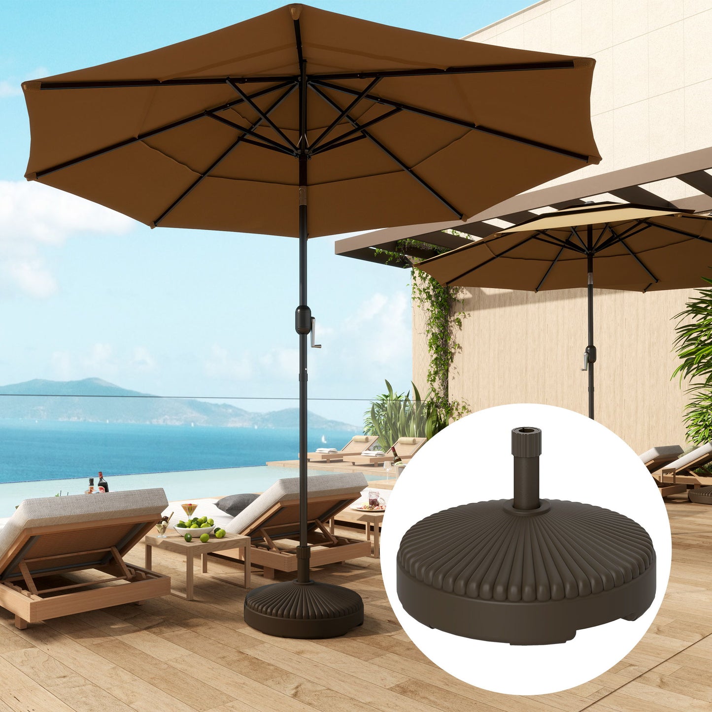 Round Plastic Patio Umbrella Base Parasol Holder Outdoor Umbrella Stand, Filled Up to 62lbs with Stand or 51lbs with Water for Garden, Poolside, Brown