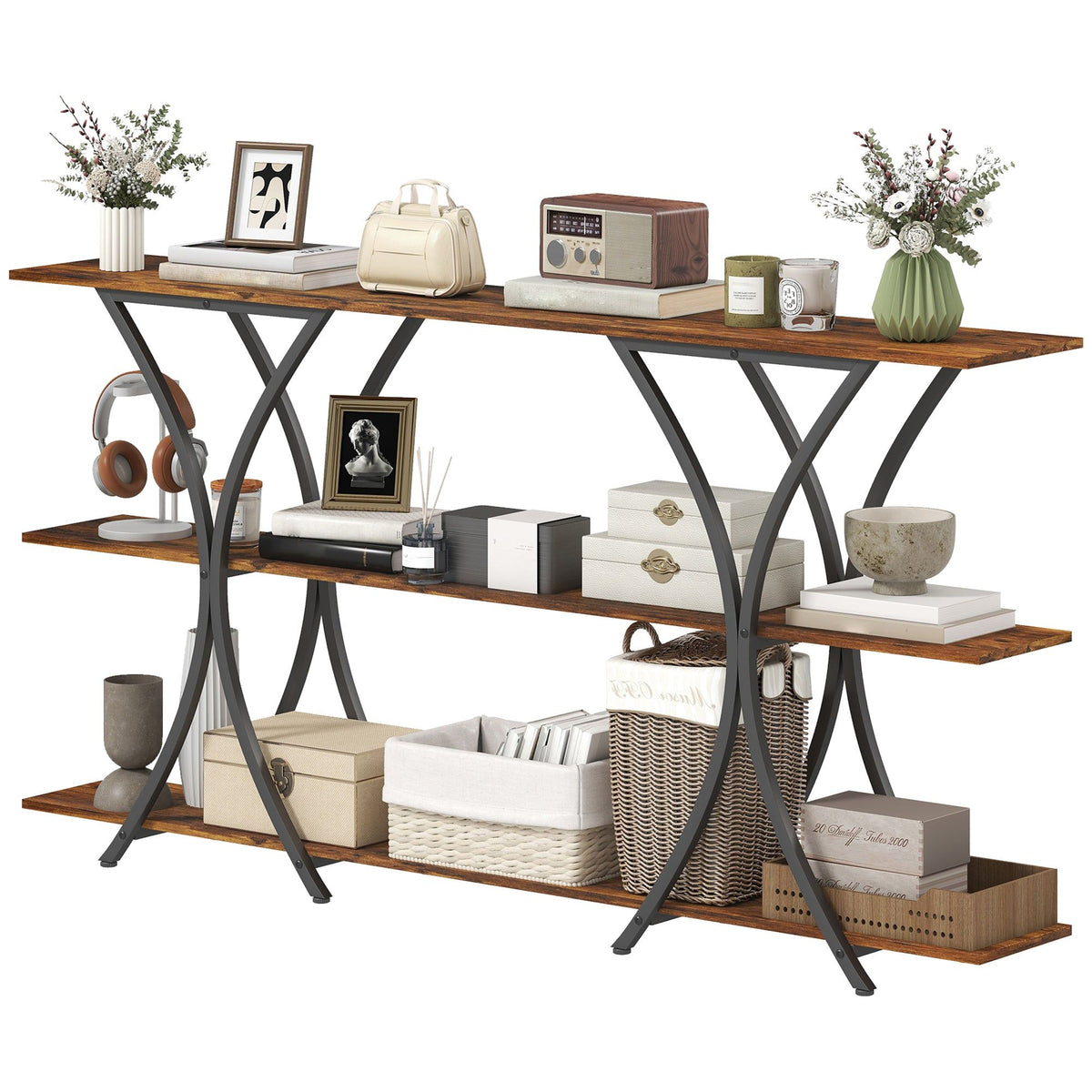 71" Industrial Console Table with 2 Shelves - Rustic Brown