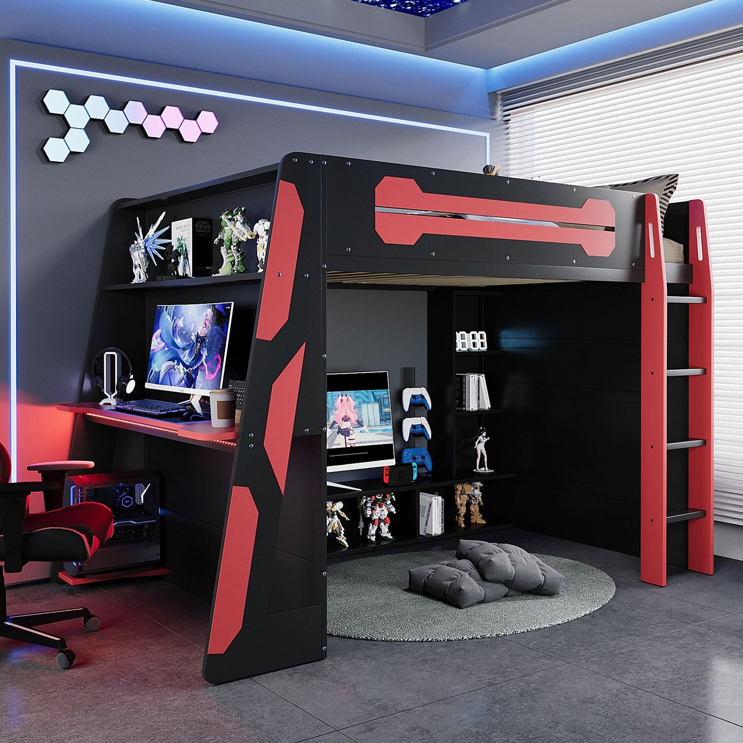 Full Size Wood Loft Bed with Multi-Tier Storage Shelves, Esports-Style Bed Frame with Integrated Side Desk, 93.5'' L x 55.5'' W x 65'' H, Red