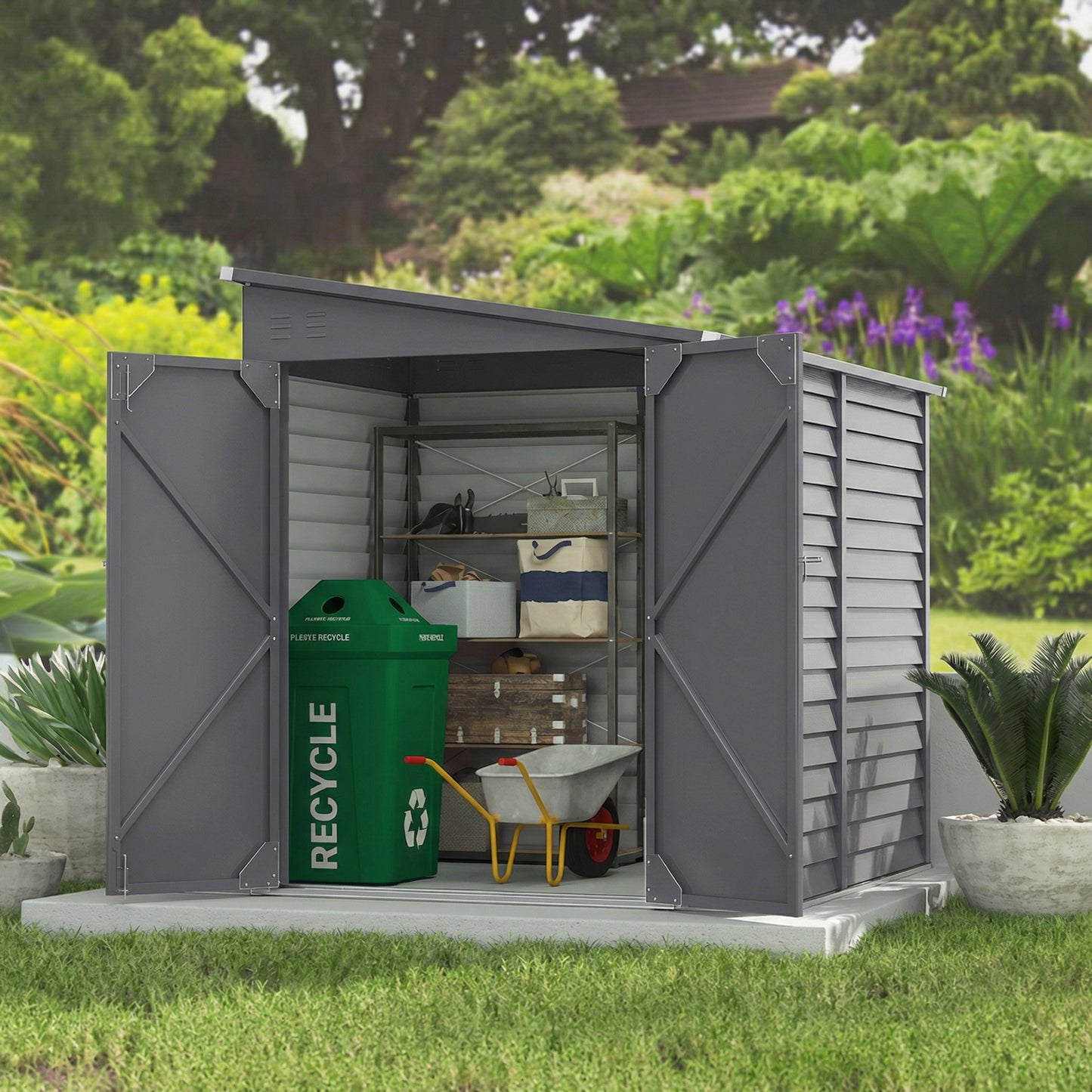 4.6' x 9' Steel Outdoor Storage Shed, Lean to Shed, Metal Tool House with Foundation Kit, Lockable Doors, Gloves and 2 Air Vents for Backyard, Patio, Lawn, Grey