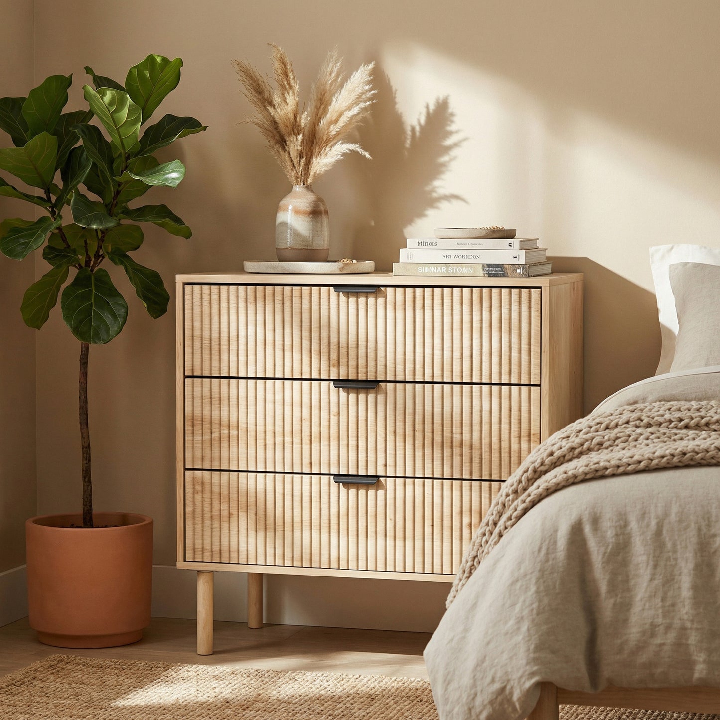 Bedroom Chest of Drawers, 3 Drawer Dresser with Fluted Panels and Solid Wood Legs, Storage Cabinet for Living Room, Oak
