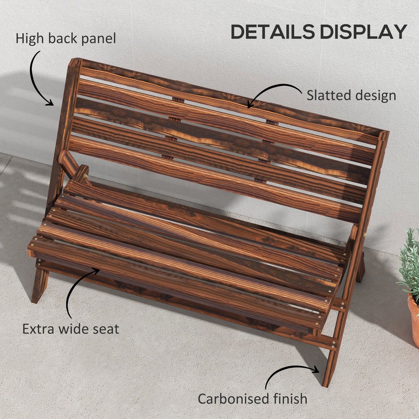 2-Seater Wooden Outdoor Bench, Foldable Garden Bench with Slatted Backrest and Seat, Patio Loveseat, Carbonised Finish