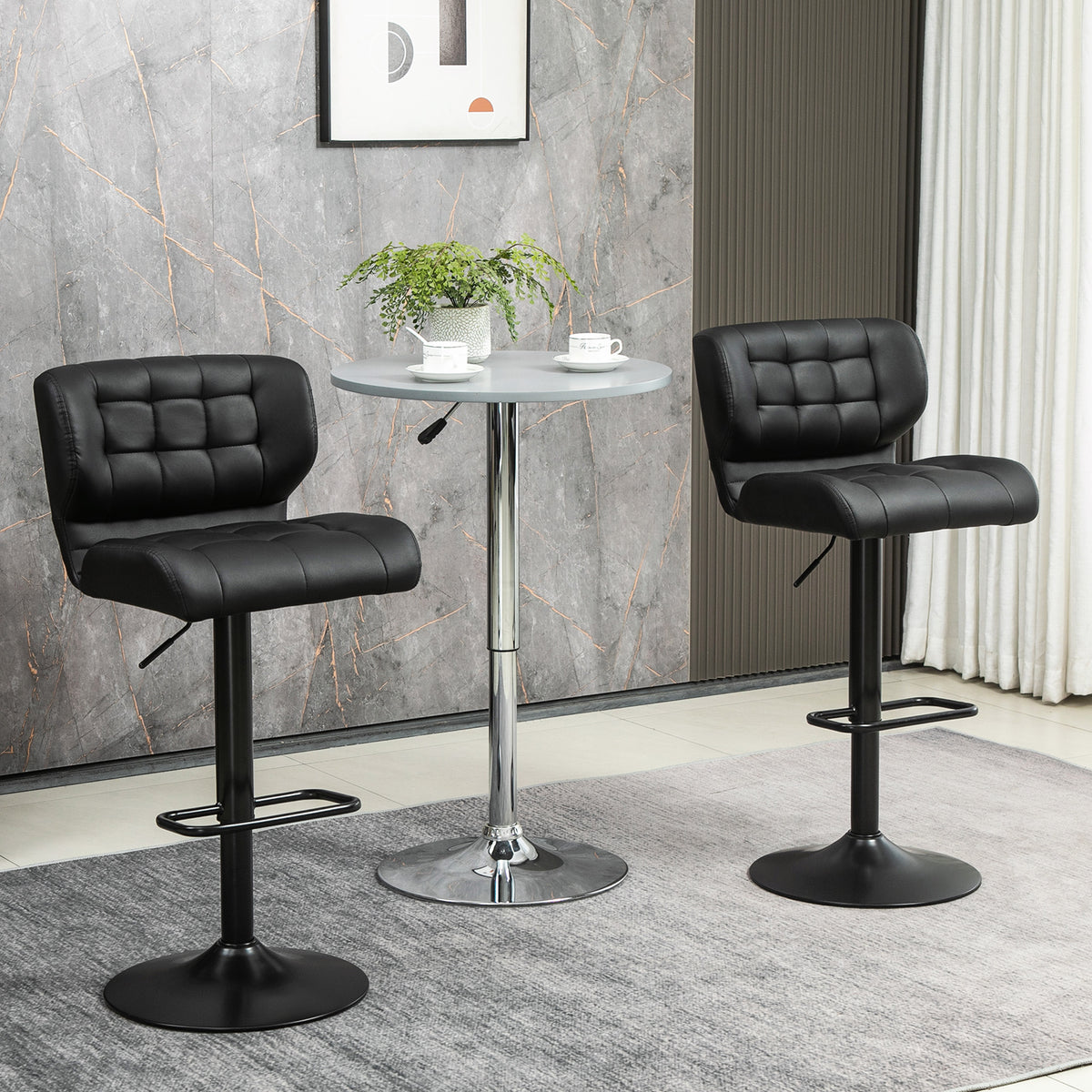 Swivel PU Leather Barstools Set of 2 Adjustable Bar Stools with Footrest Back for Kitchen Counter Dining Room Black