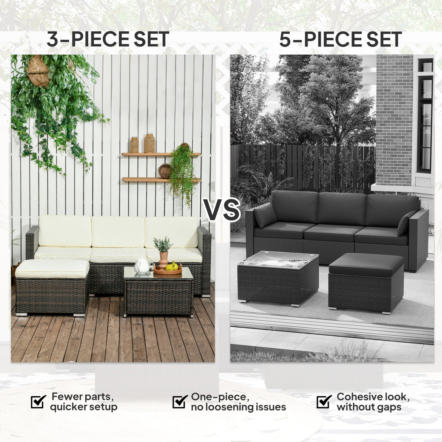 3 Pieces Patio Furniture Set with Cushions, Outdoor PE Rattan Wicker Conversation Corner Sofa Set with Glass Top Table and Adjustable Foot for Garden, Lawn, Cream White