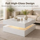 LED Coffee Table with Storage, 2-Tier Modern Center Table with Open Shelf and Remote for Living Room, High Gloss White