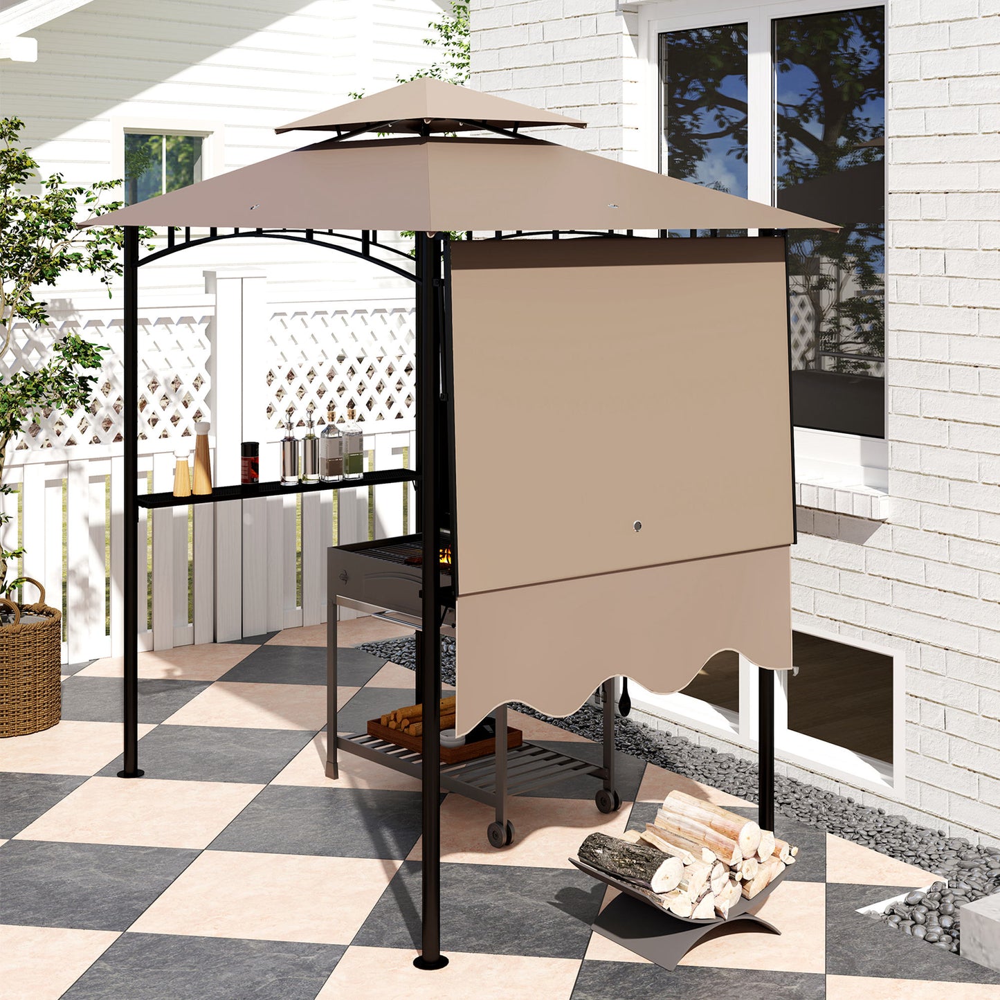 8' x 5' Grill Gazebo, Double Tiered Barbecue Grill Gazebo Shelter with Side Awning, 2 Side Shelves, 6 Hooks, Khaki