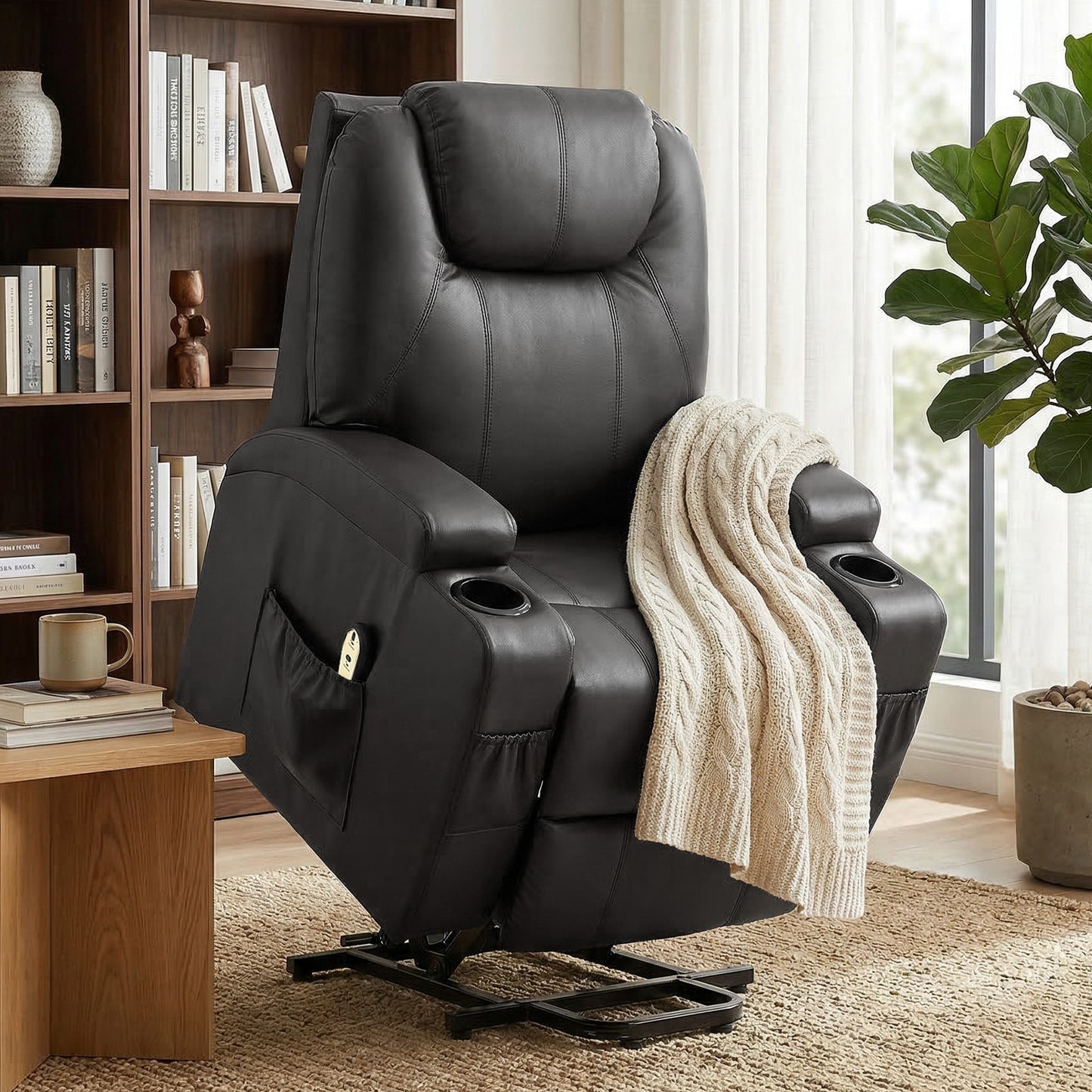 Power Lift Recliner Chair for Elderly, PU Leather Lift Chair with Thick and High Back, Footrest, Remote, Side Pockets, Cup Holders, Reclining Sofa for Living Room, Black