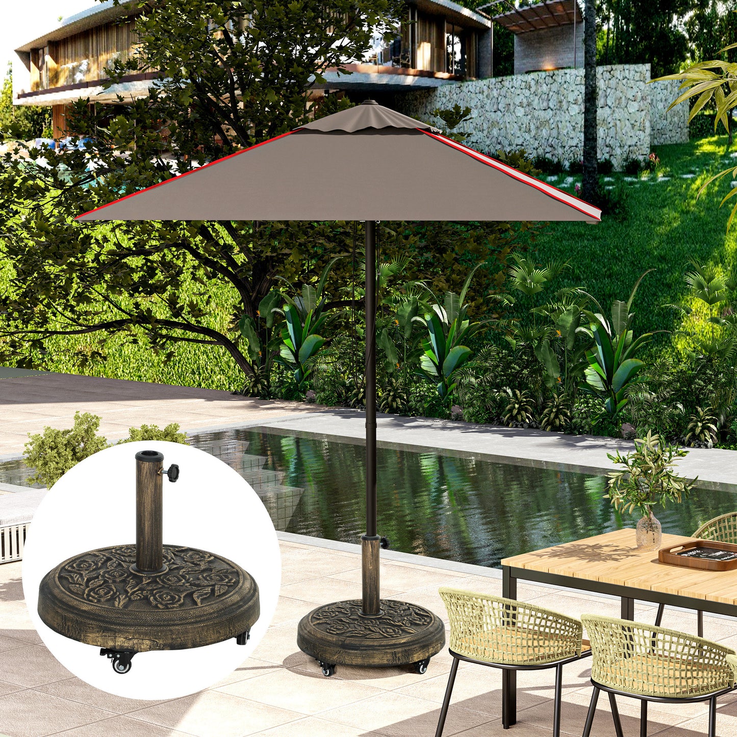46 lbs Resin Round Patio Umbrella Base, Umbrella Stand with Wheels, Outdoor Umbrella Stand for 1.3"/1.5"/1.9" Umbrella Poles for Outdoor, Lawn, Poolside, Bronze