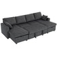 Convertible Sofa Bed, Corduroy U-Shaped Sleeper Sofa Couch with Storage Chaise, Pillows, Spring, Futon Couch, Grey