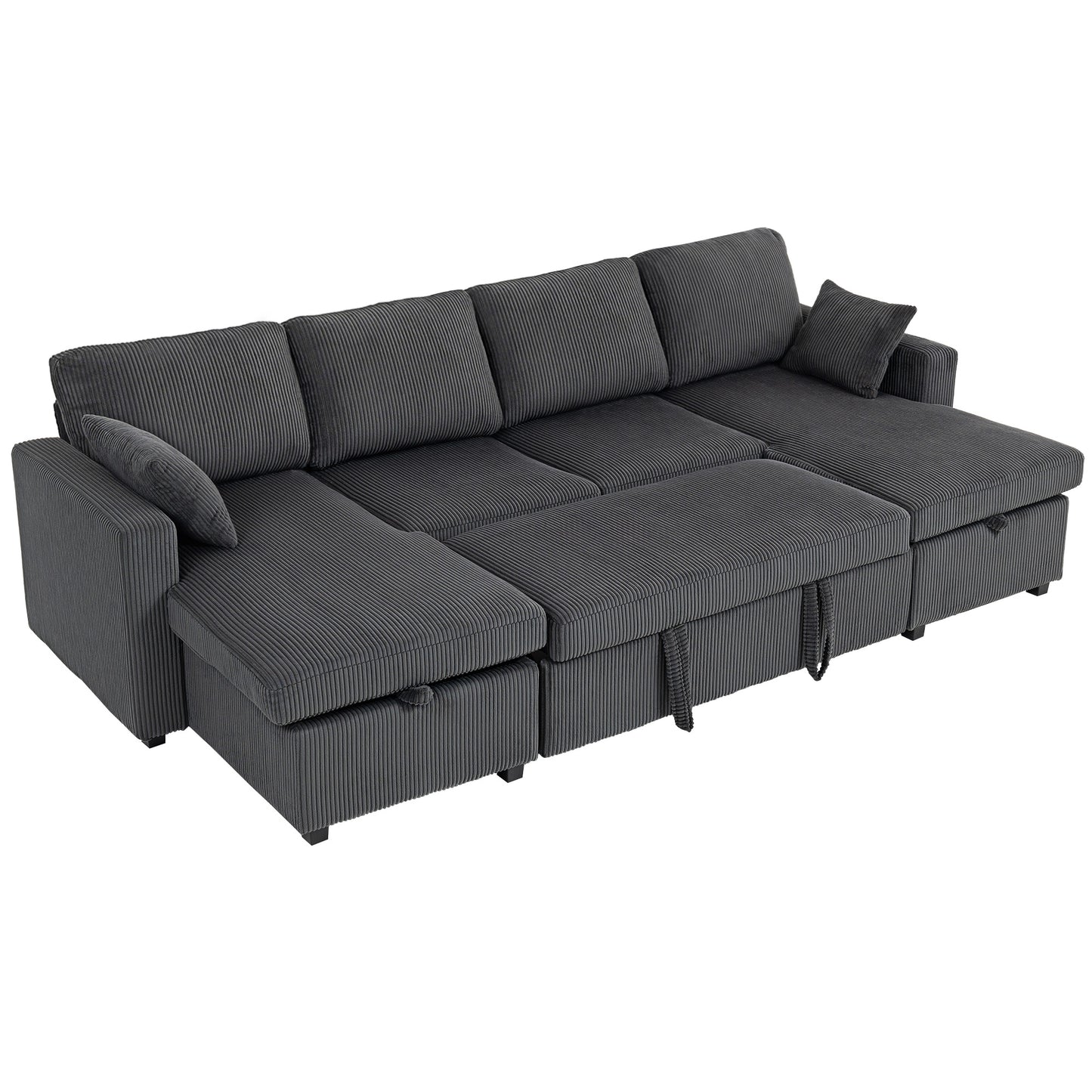Convertible Sofa Bed, Corduroy U-Shaped Sleeper Sofa Couch with Storage Chaise, Pillows, Spring, Futon Couch, Grey